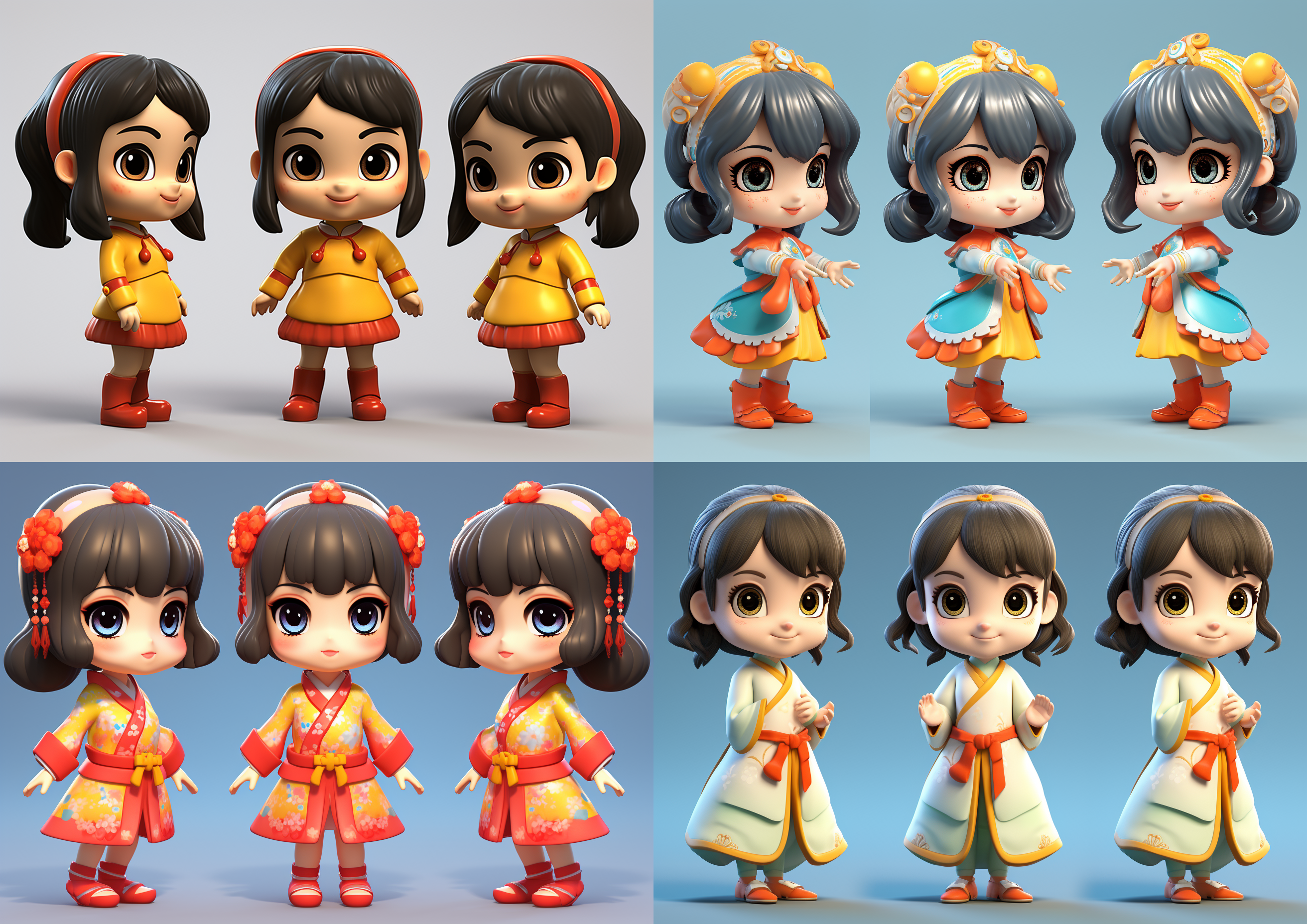 three views, full body, front, side:1, back, front view, side view, side view of girl, front view of girl, back view of girl, a chinese style girl, rounded shape, bright colors, emphasizing bright and happy feelings, attracting people's attention, big eyes, round face, 3d, c4d rendering, blind box style, high definition, rich details, simple background