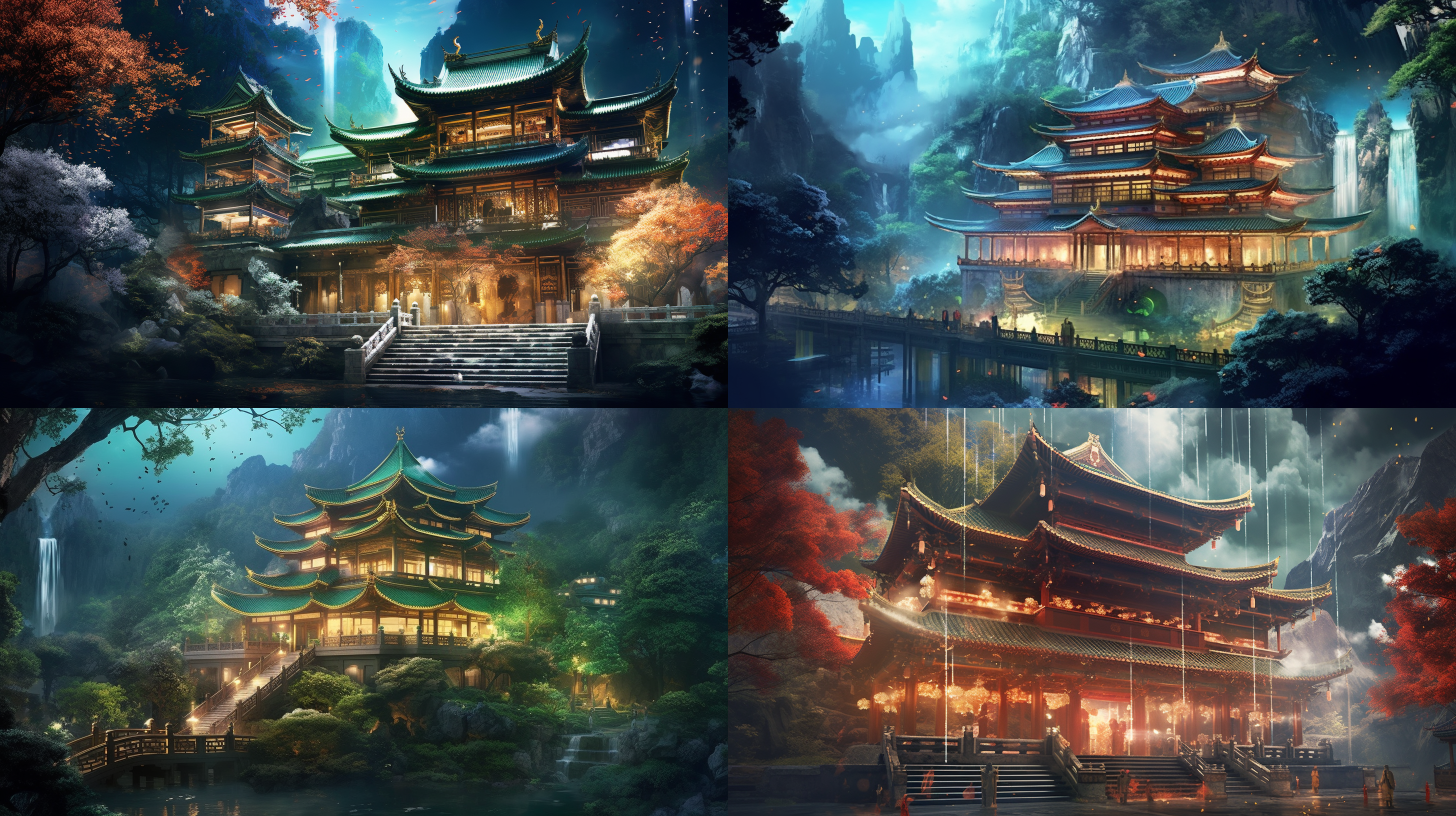 a glass oriental building with pavilions and chinese-style cornices, a gleaming interior, located in a lush green forest.in the surreal cg rendering of ancient china, there is a yaolin wonderland next to a small town with ancient buildings in the south of the yangtze river.night, bright stars, charming smoke, maple leaf trees, snow scene, high definition