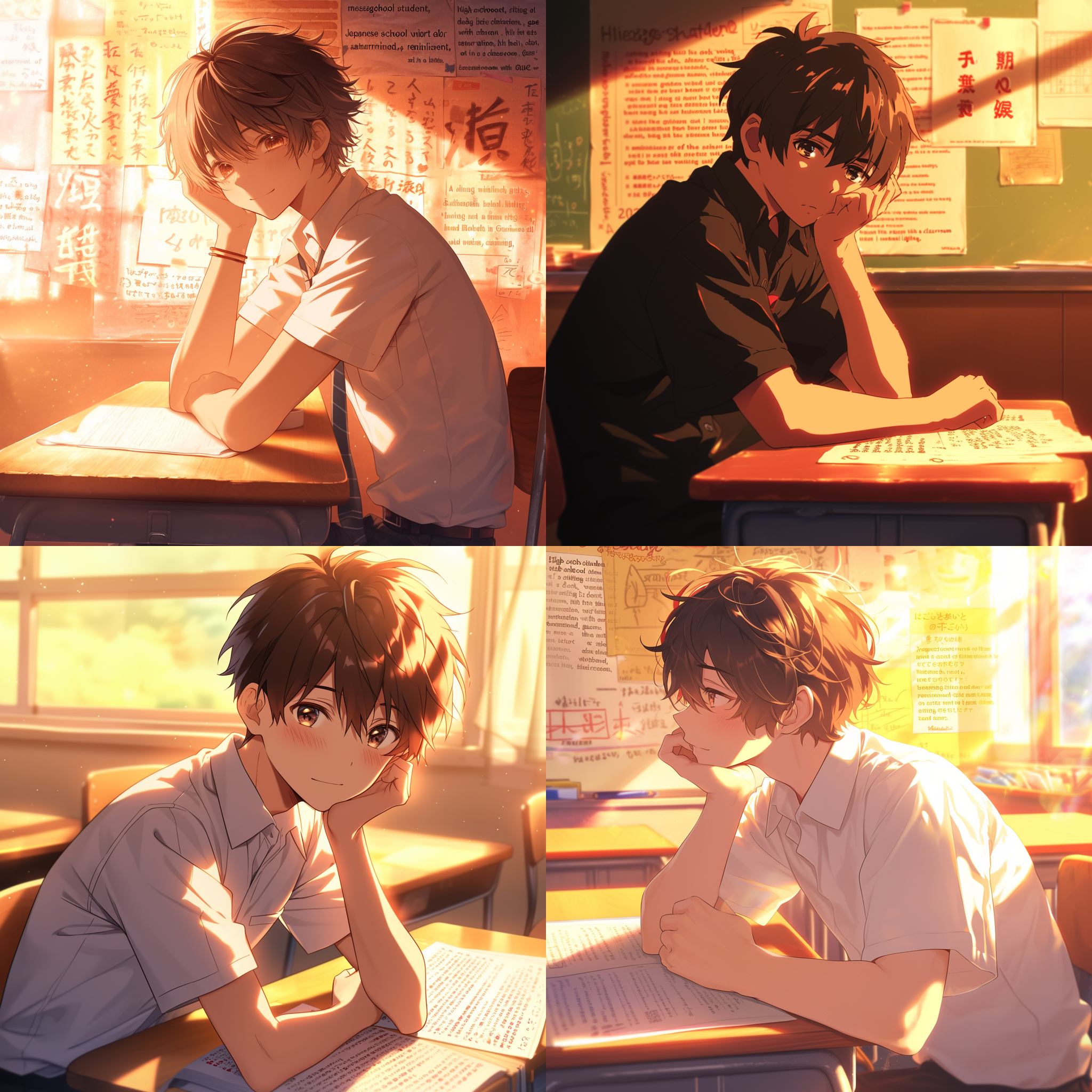 高中男生，书桌前，jk制服，托下巴，棕色短发，高饱和度，目光坚定，夏目友人帐风格，教室背景，自然光，超级细节，长焦镜头，侧光，4k。