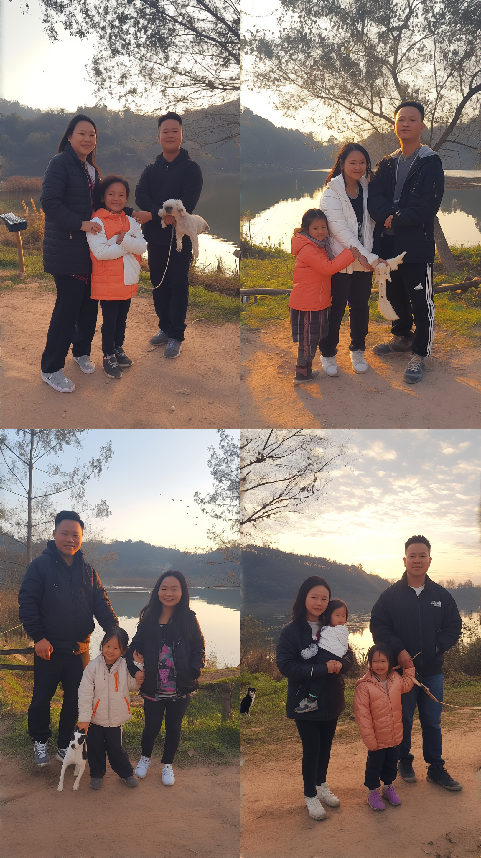 家庭亲子，河边景色，夕阳剪影，父母带着孩子手牵手，微笑着往前走，青草地上有一只小狗。自然光线，广角镜头，柔和色调，幸福，快乐，放松，温暖，和谐。 草地