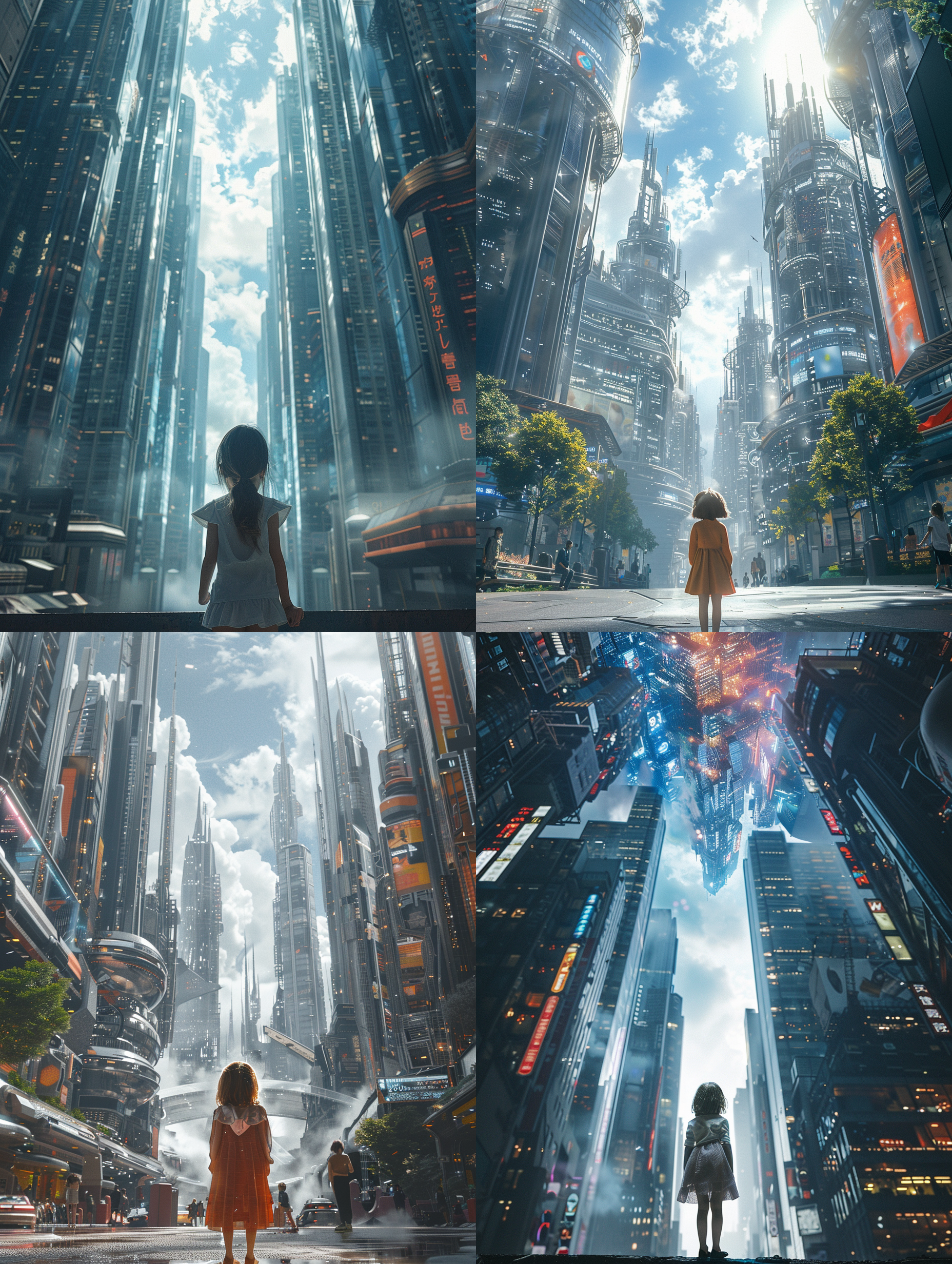 一个小女孩站在街道中央仰望天空 街道周围都是摩天大楼 科幻 未来世界 白天 明亮的天空 常规镜头 高清 8k 写实风格