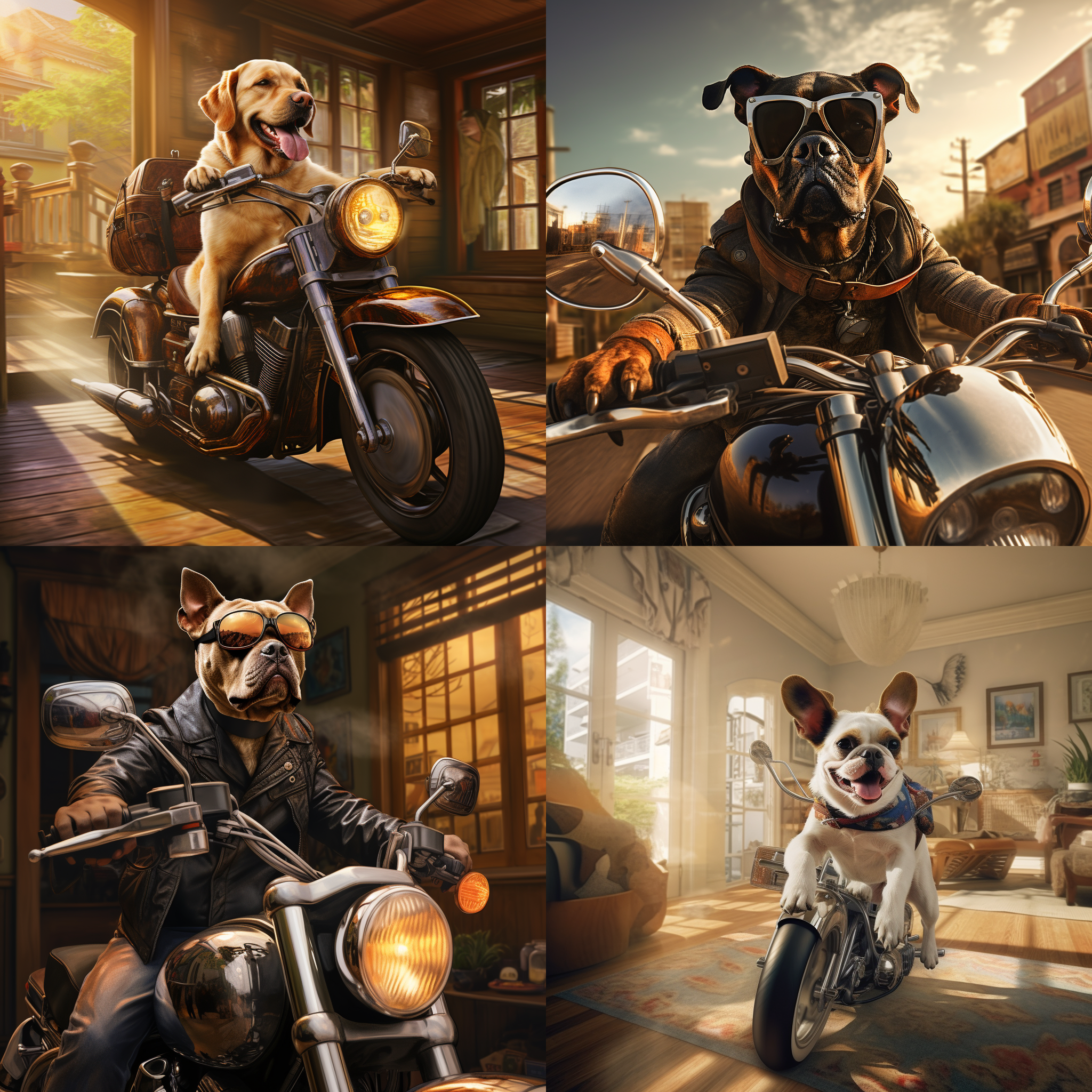 狗骑哈雷，超宽客厅，电影质感，超写实风格，全景构图，细节丰富，明亮色彩，逆光，动作飞扬，震撼。