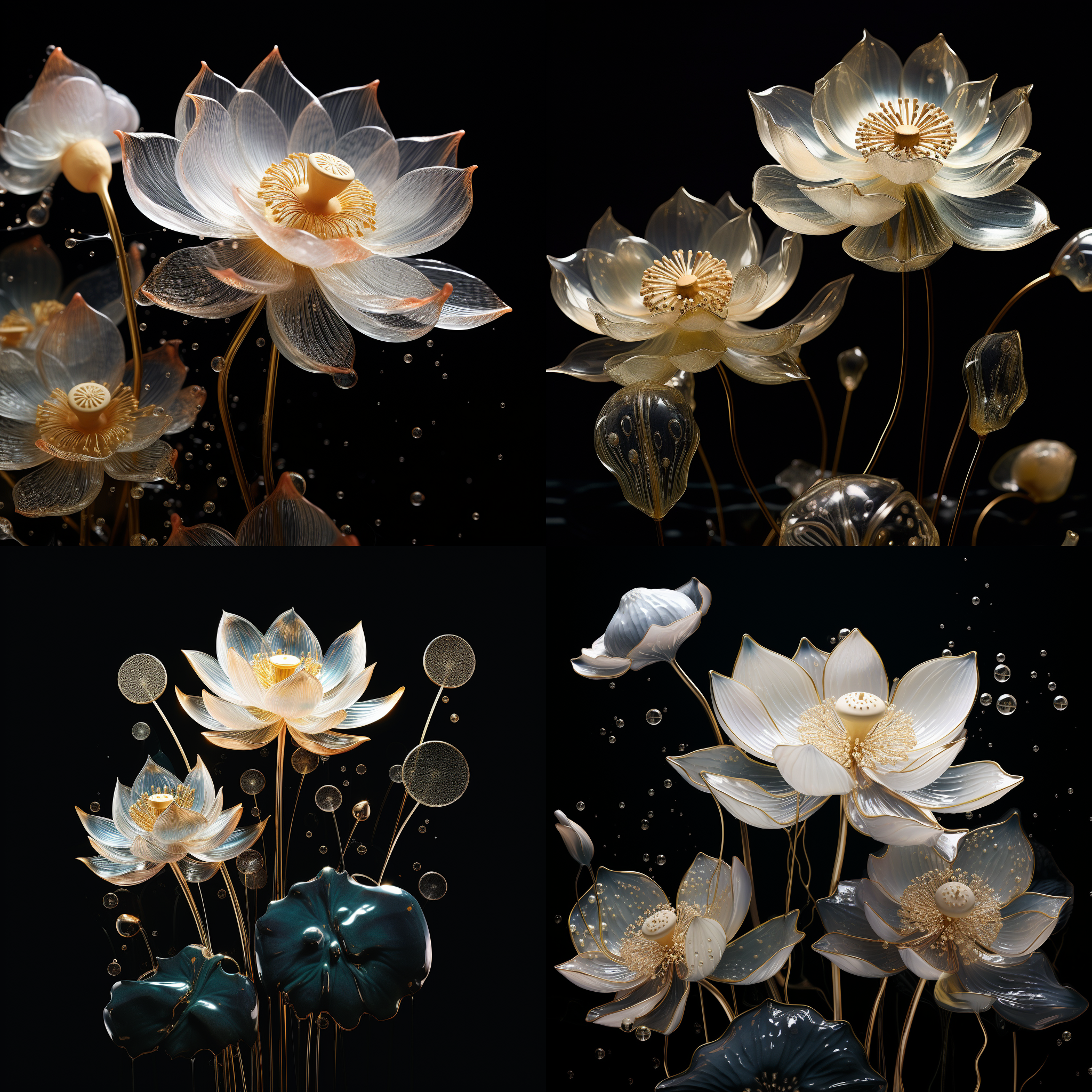lotus and lotus leaves, black background, dreamy detail style, main body located at the bottom of the screen, white and deep gold, surreal water surface, glass sculpture, close-up, ethereal illustration, lightweight fabric, delicate.crystal clear.water droplets come to life，thin as silk, ink style
