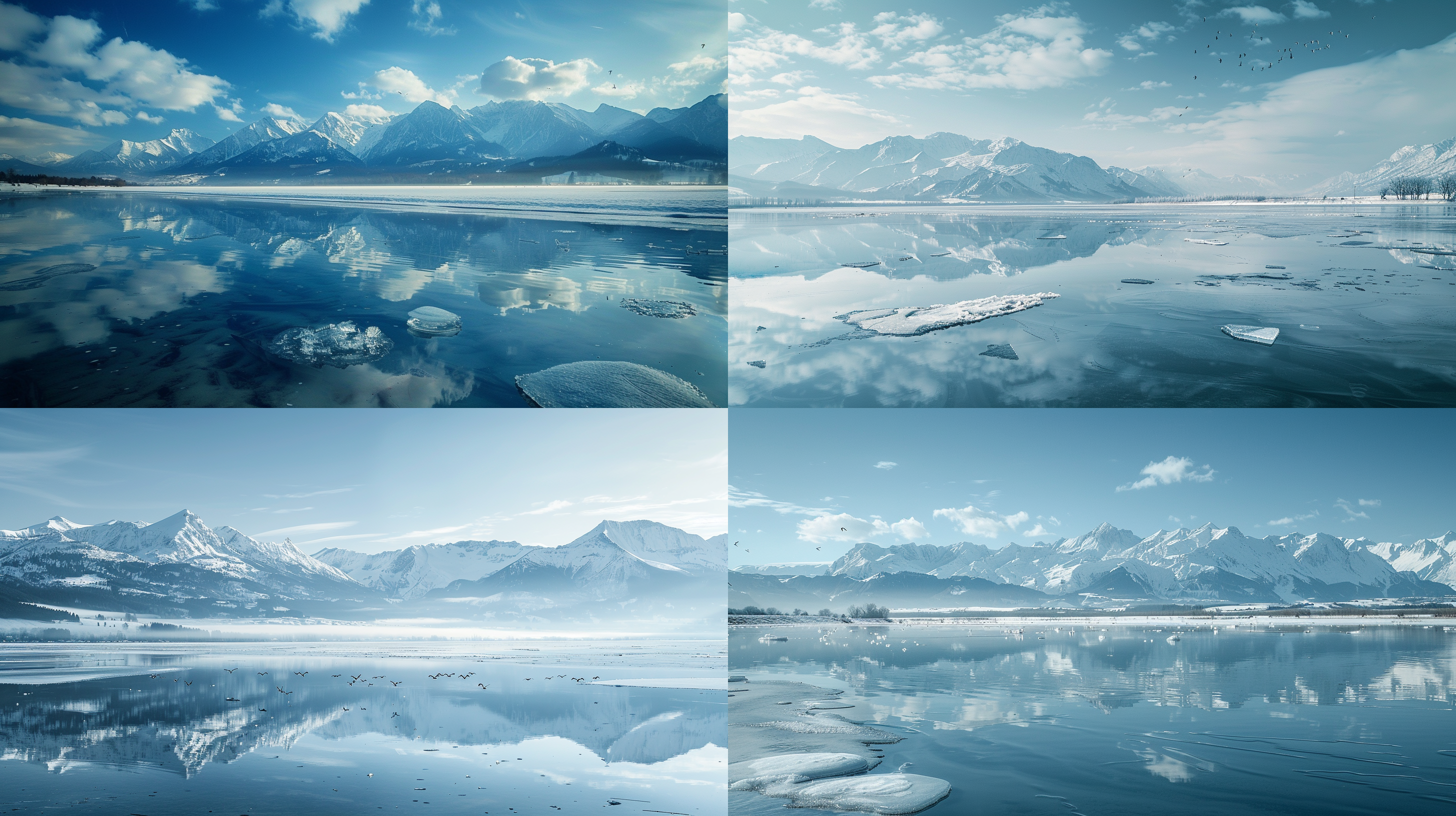 湖面上结冰的冬天，远处雪山映衬在湖水中。大片寒冷的蓝色调，广角镜头将湖面和雪山一起拍摄进画面。冰面上有几块漂浮的冰块，打破了整个画面的静谧感。湖面上没有人，只有一些鸟儿在飞翔。冬天的寒冷和宁静在照片中得到了很好的表达。