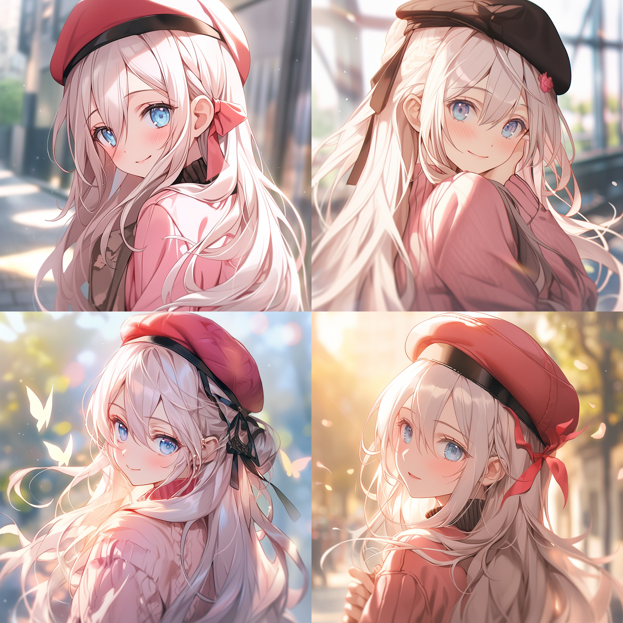 年轻女孩戴贝雷帽，白色长发，粉色皮肤，蓝眼睛，淡粉妆容，展望未来，户外自然光，正面视角，中焦镜头，柔和色彩，微笑，清新。