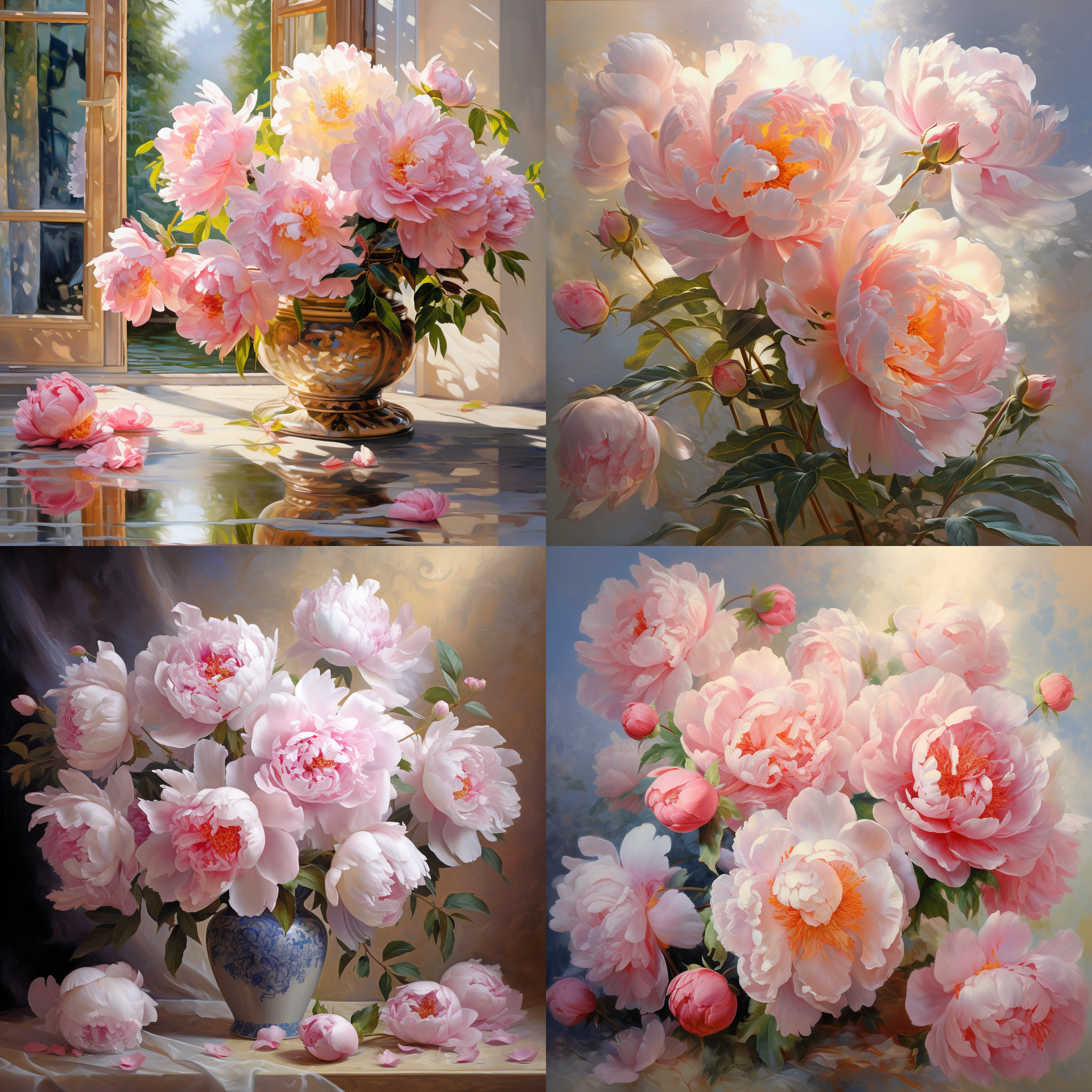 牡丹盛放，庭院繁花，华丽舞台，唯美景象，长焦镜头，柔和侧光，细致细节，鲜艳色彩，优雅风采，永恒荣耀，深情神韵。