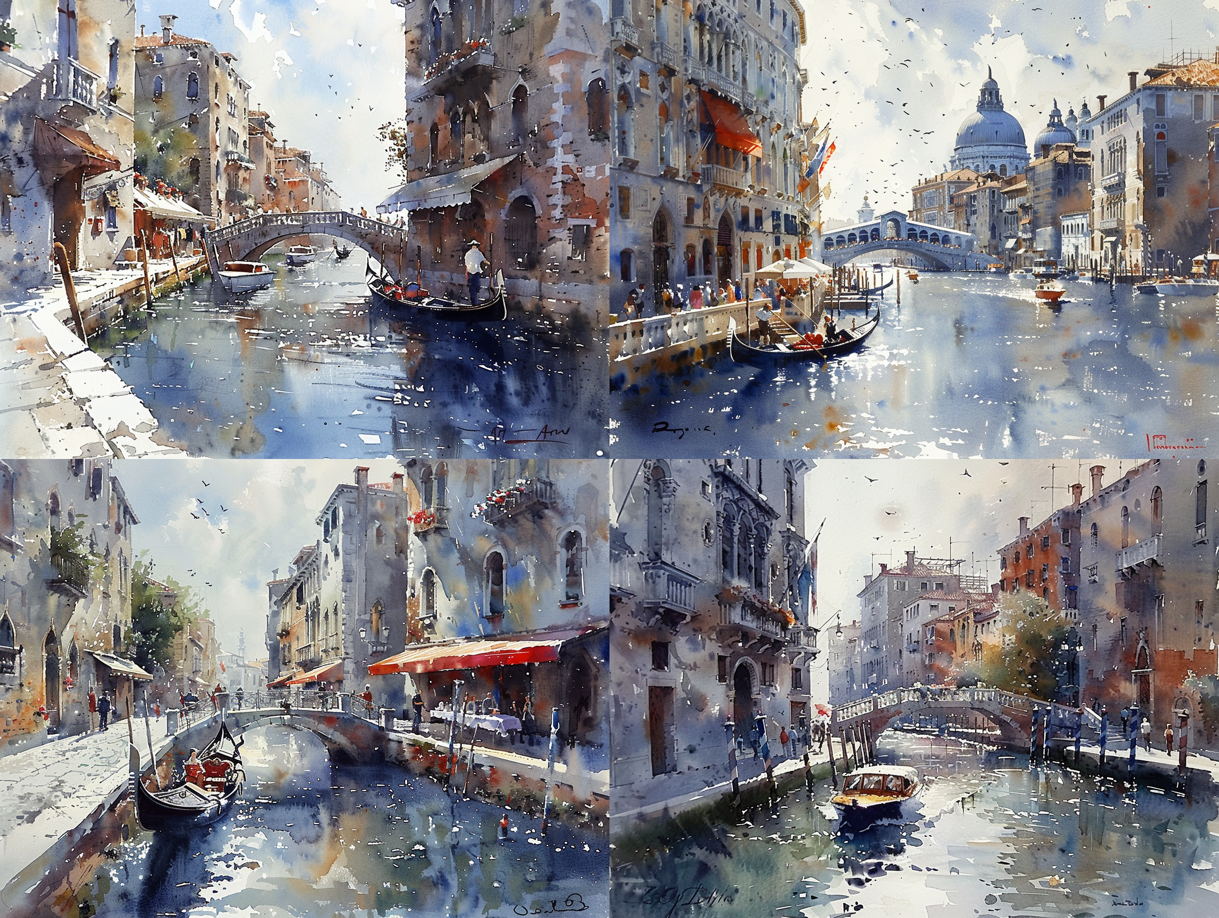 watercolor painting, venice waterway, with a bridge nearby and a small boat passing under the bridge, attracting visitors. the sunlight falls on ancient buildings and waterways, reflecting on the river surface. white clouds float across the blue sky, with perspective lines guiding the view. light spots embellish the scene, evoking a warm atmosphere. delicate brushstrokes, rich colors, tranquility