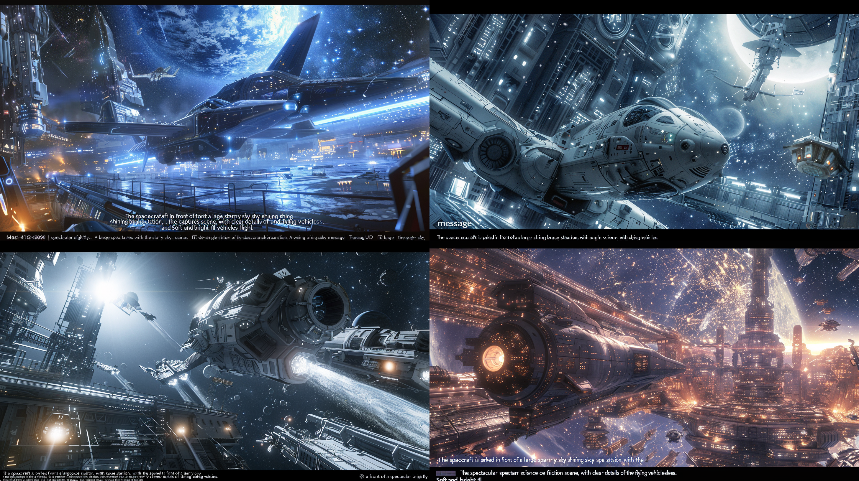 宇宙飞船停在大型空间站前，星空璀璨。广角镜头捕捉到壮观的科幻场景，飞船和飞行器细节清晰可见。柔和明亮的光线照亮整个场景，营造出真实感。照片使用了搅拌机渲染技术，呈现出非常真实的摄影效果。宇宙飞船、空间站和星空构成了美丽的科幻画面。