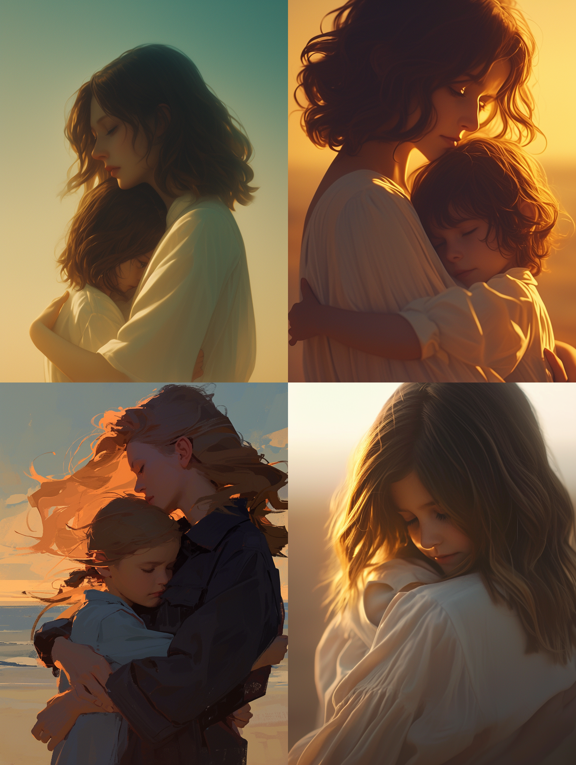母亲与孩子在日落下拥抱，海滩上，简约风格，温暖色调，50mm定焦镜头，侧光，情感交流，亲昵，幸福，温馨。