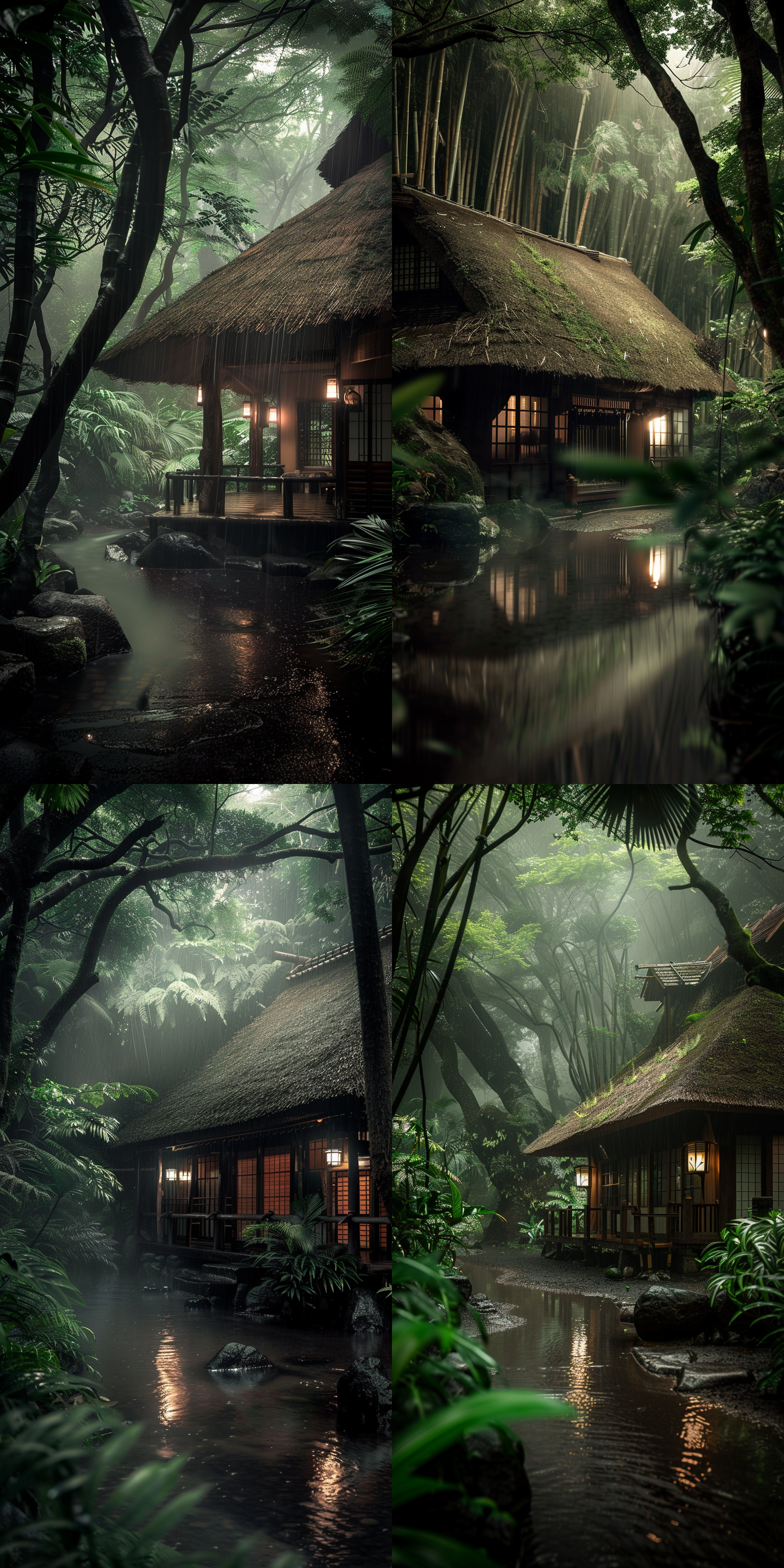 竹林小屋，雨中，传统风格，自然真实，柔和光线，湿润环境，静态构图，绿色主调，宁静，轻松，温馨。