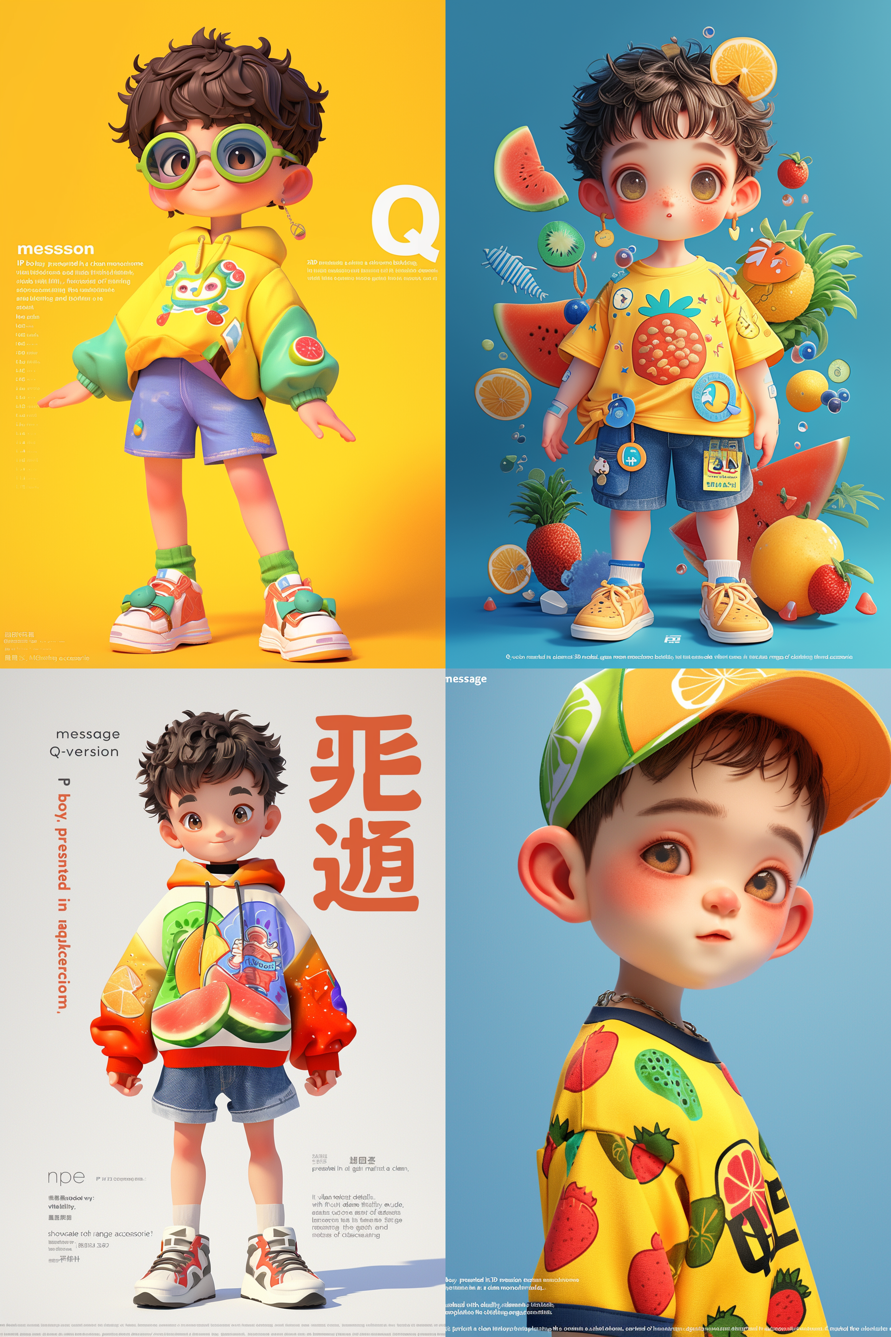 q版卡通ip男孩，3d模型，纯净单色背景，明亮色调，细节丰富，水果元素，充满活力，完整展示，食物元素。 卡通风格，高清晰度，正面构图，鲜艳色彩，逼真质感，镜头聚焦，柔和光线，微笑表情，生动活泼，水果服饰，童趣。