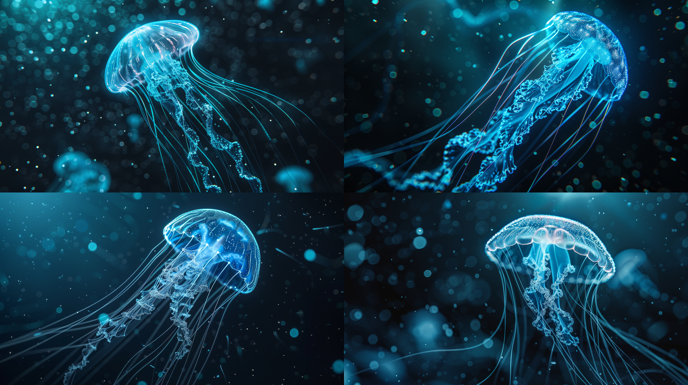 transparent jellyfish wireframe hologram, glowing blue lines on dark background, premium detail, 8k quality, telephoto lens, ambient light, floating, mysterious.