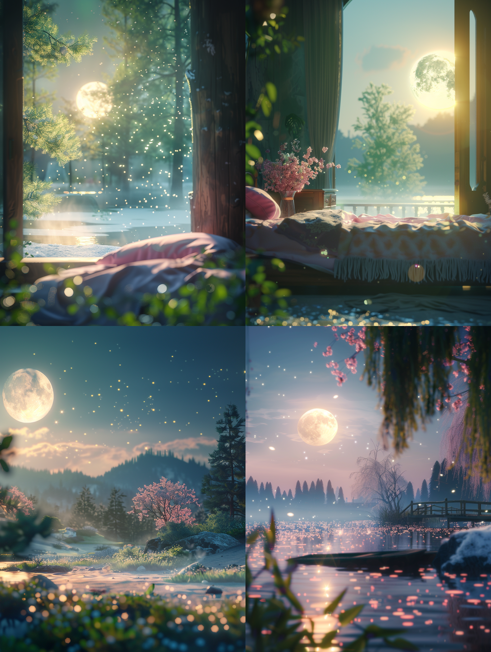 床前明月光，疑是地上霜。举头望明月，低头思故乡。, 对角线布局, 自然环境, 镜面反射, 冷色调, 中焦镜头, 夜间拍摄, 静态, 清晰, 孤独, 怀旧。