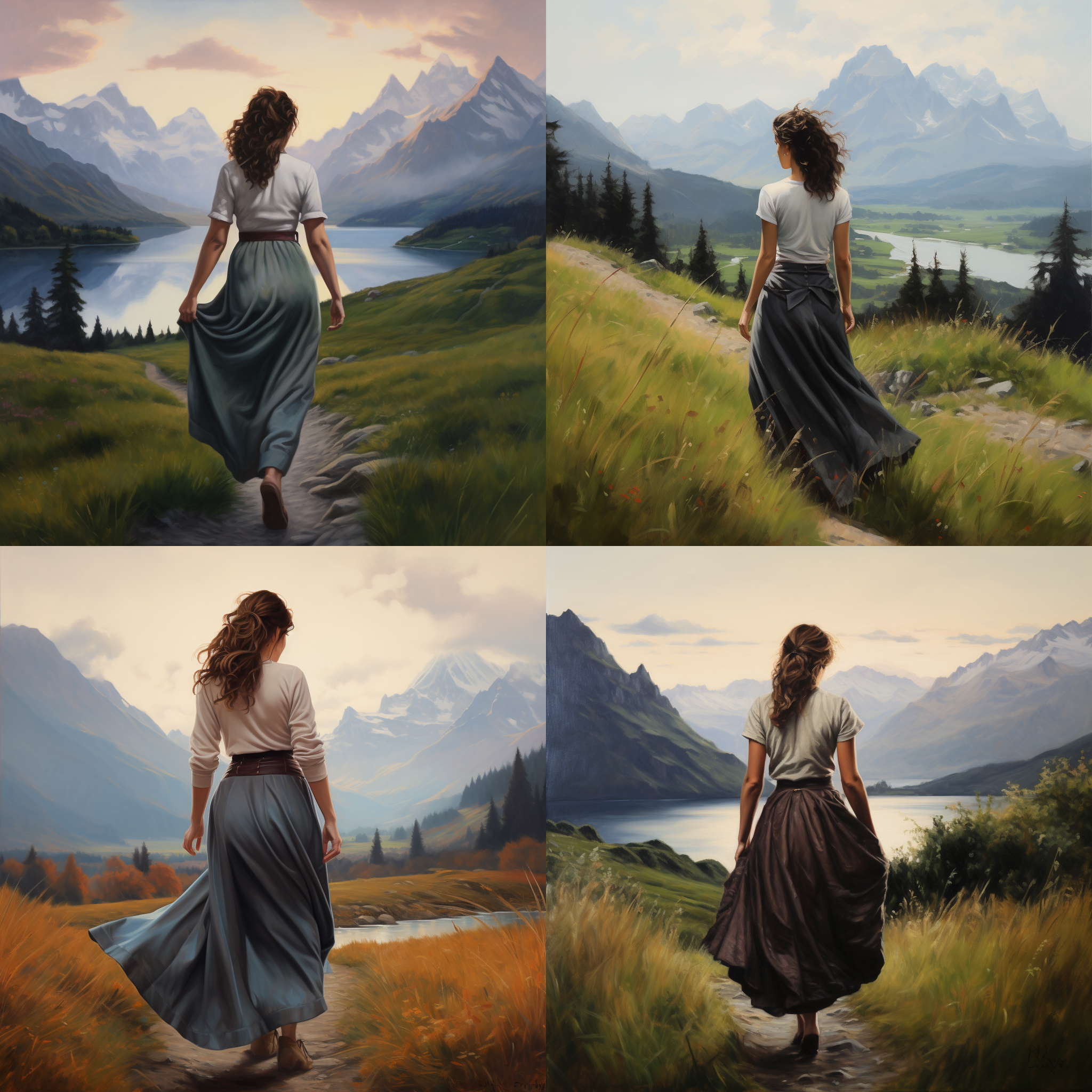 行走在半山坡的披着卷发的。穿着裙子的女人。草丛、远处雪山、有湖。背影。油画风。傍晚时分