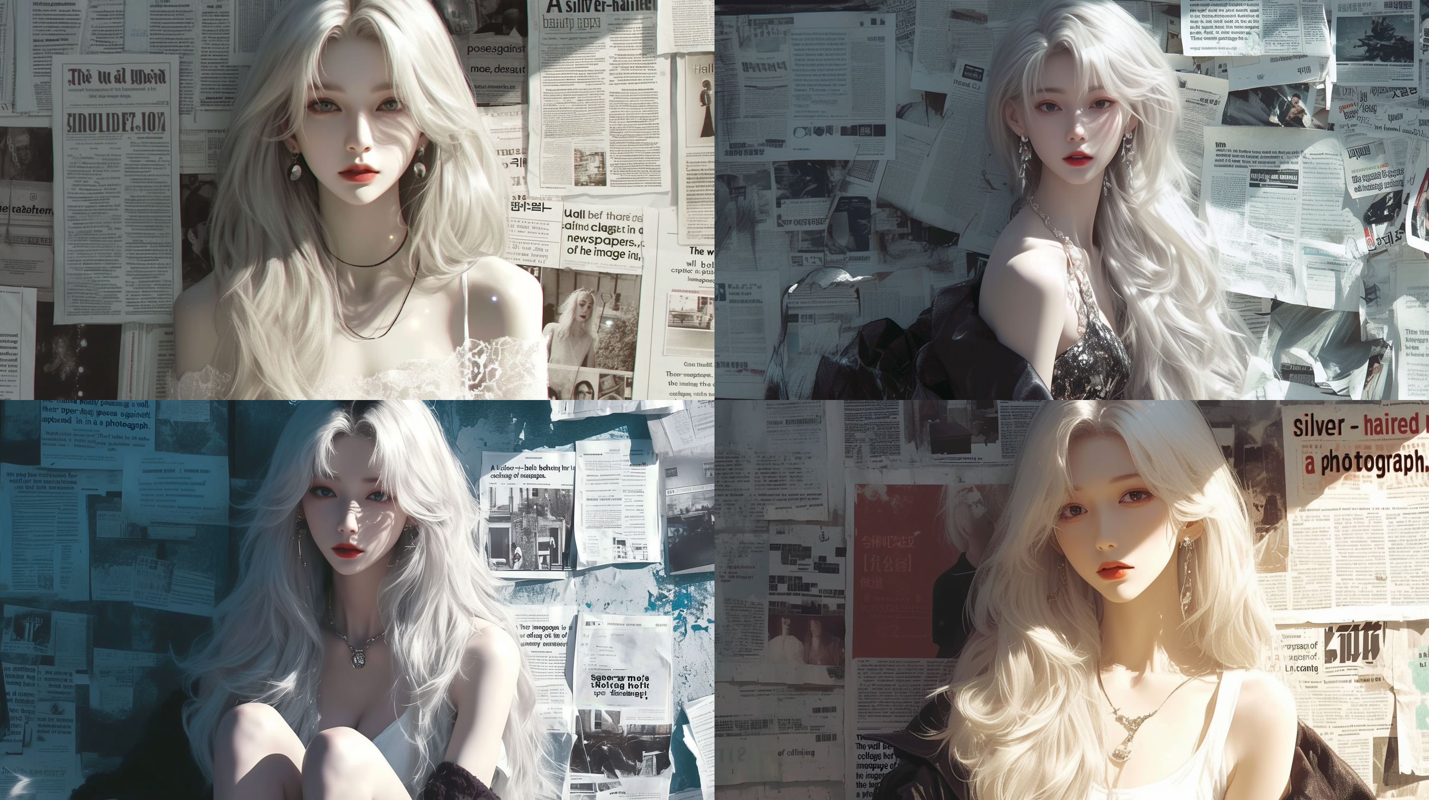 银发美女，正面照，上半身，靠墙，墙上贴满报纸，与图片相似