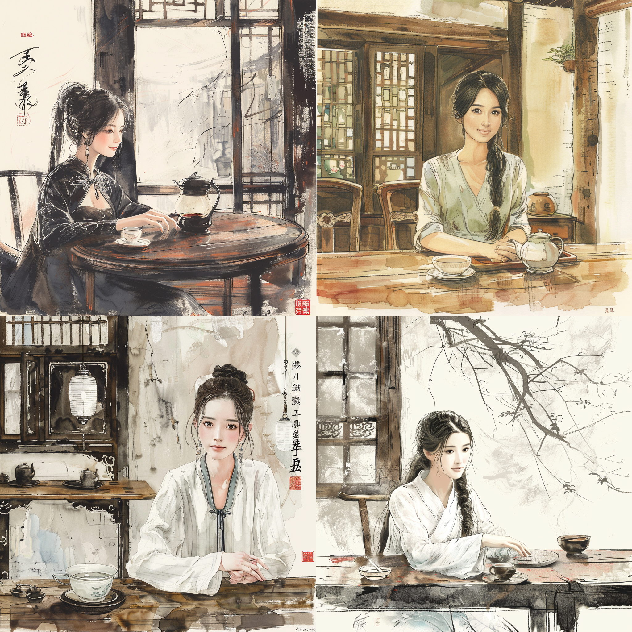 工笔画风格，水墨淡彩，中国传统茶室，年轻女性，面容姣好，身材苗条，木质条案，中国功夫茶，手绘线条流畅完美，手绘细节丰富，全身像，全景