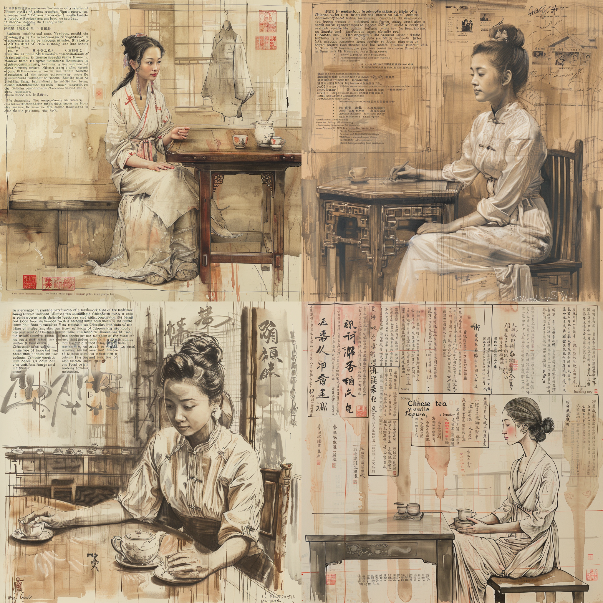 工笔画风格，水墨淡彩，中国传统茶室，年轻女性，面容姣好，身材苗条，木质条案，chaozhou kung fu tea，手绘线条流畅完美，手绘细节丰富，全身像，全景, 高饱和度，细节丰富，柔和光线，优雅动作，传统氛围。