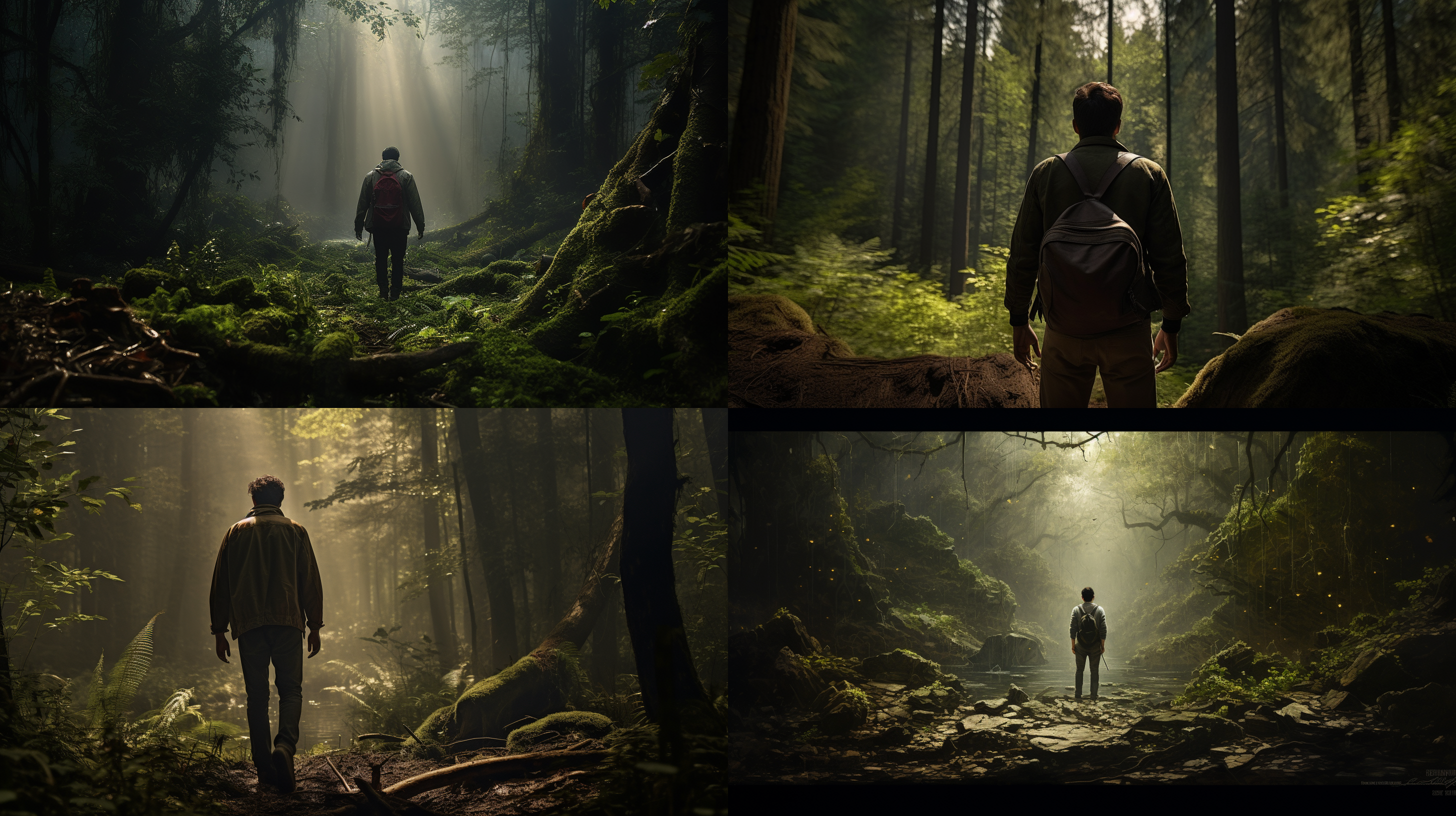 茂密原始森林，男子背影，居中构图，丰富光影，丁达尔光效，真实细节，幽静深邃，全景，大广角，摄影。