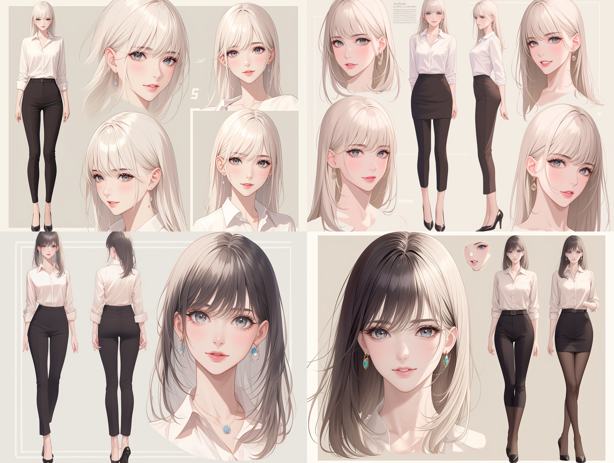 portrait of a stylish urban white-collar woman, gentle and cute, smiling, round face, black eyes,front, side and back view, wearing a white shirt, long gray hair with bangs, big eyes with a gentle expression,set against a white background. the artwork has a high-quality feel, showcasing a japanese manga style with soft lighting, clear details, and a mid-range composition, all in natural tones. the photography is professional in every aspect.",,in clothes,,in clothes