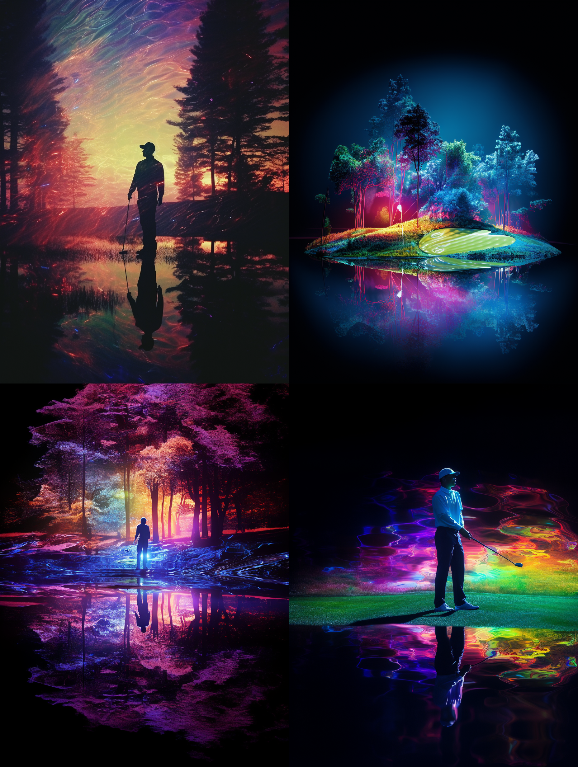 高尔夫打球，高尔夫球场，艺术摄影，迷幻双重曝光，特写，中等格式，宇宙，自然，霓虹灯，覆盖在发光投影中，光谱折射