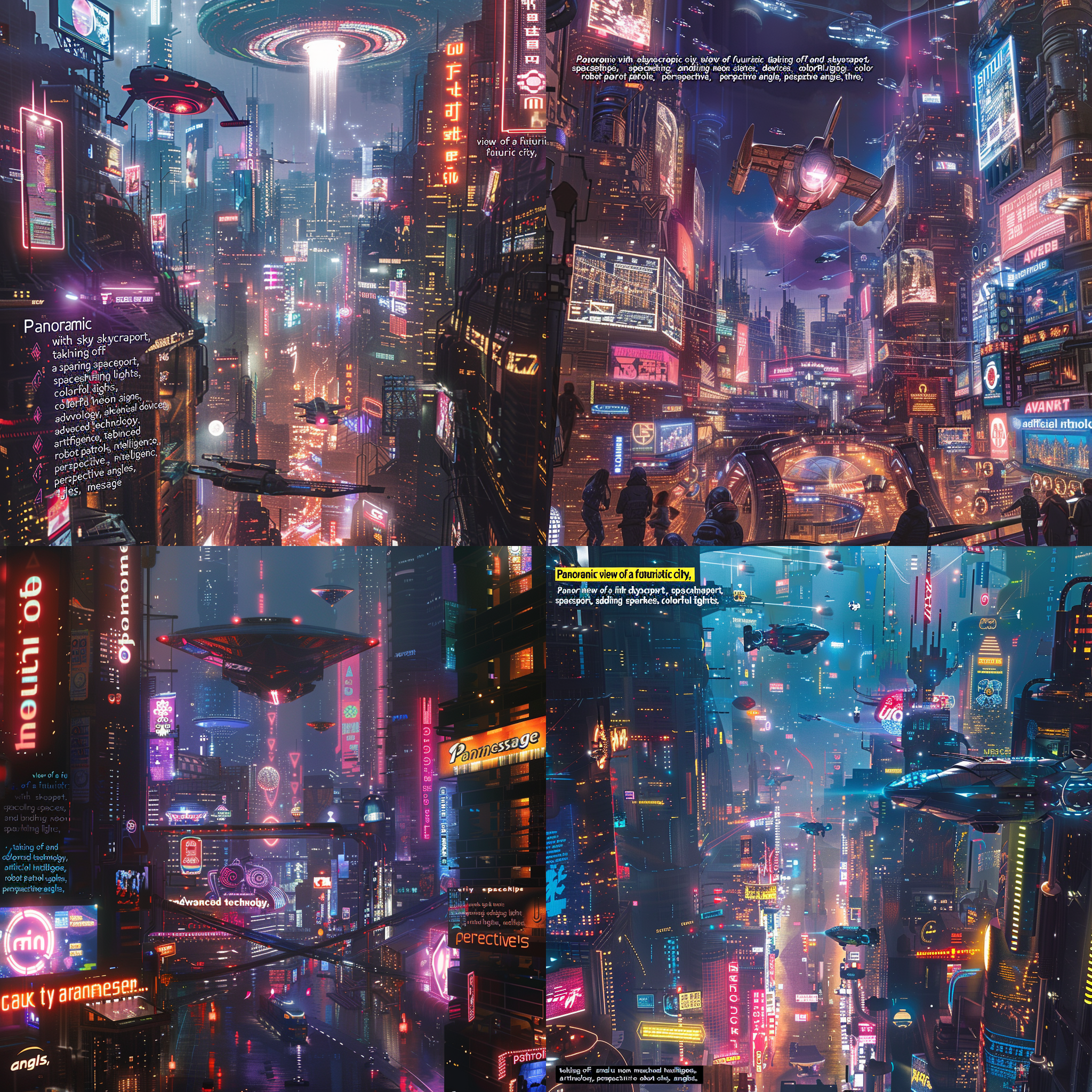 科幻城市全景，高楼大厦，太空港，飞船起降，晶莹光线，炫彩霓虹，机械装置，未来科技，人造智慧，机器人巡逻，透视角度，立体感，宏伟气势，奇幻色彩，激动与惊奇。