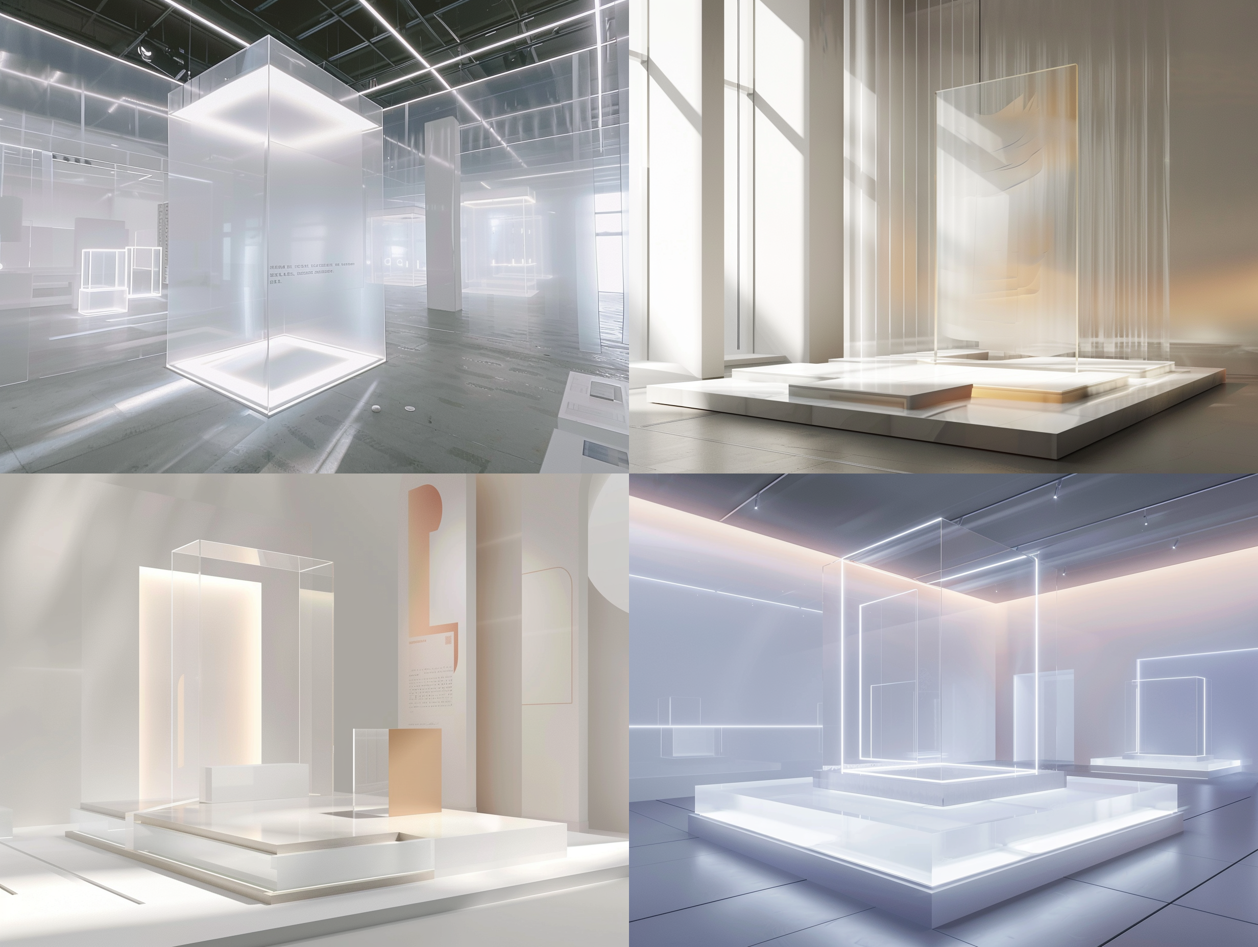 minimalist stroke line artwork background exhibition, modern art booth, transparent acrylic square bottom plate, acrylic background plate with notes and staff, high-quality, minimalist style, three-dimensional architecture, wide angle, bright lighting, sculptural appearance, warm moranti color tone