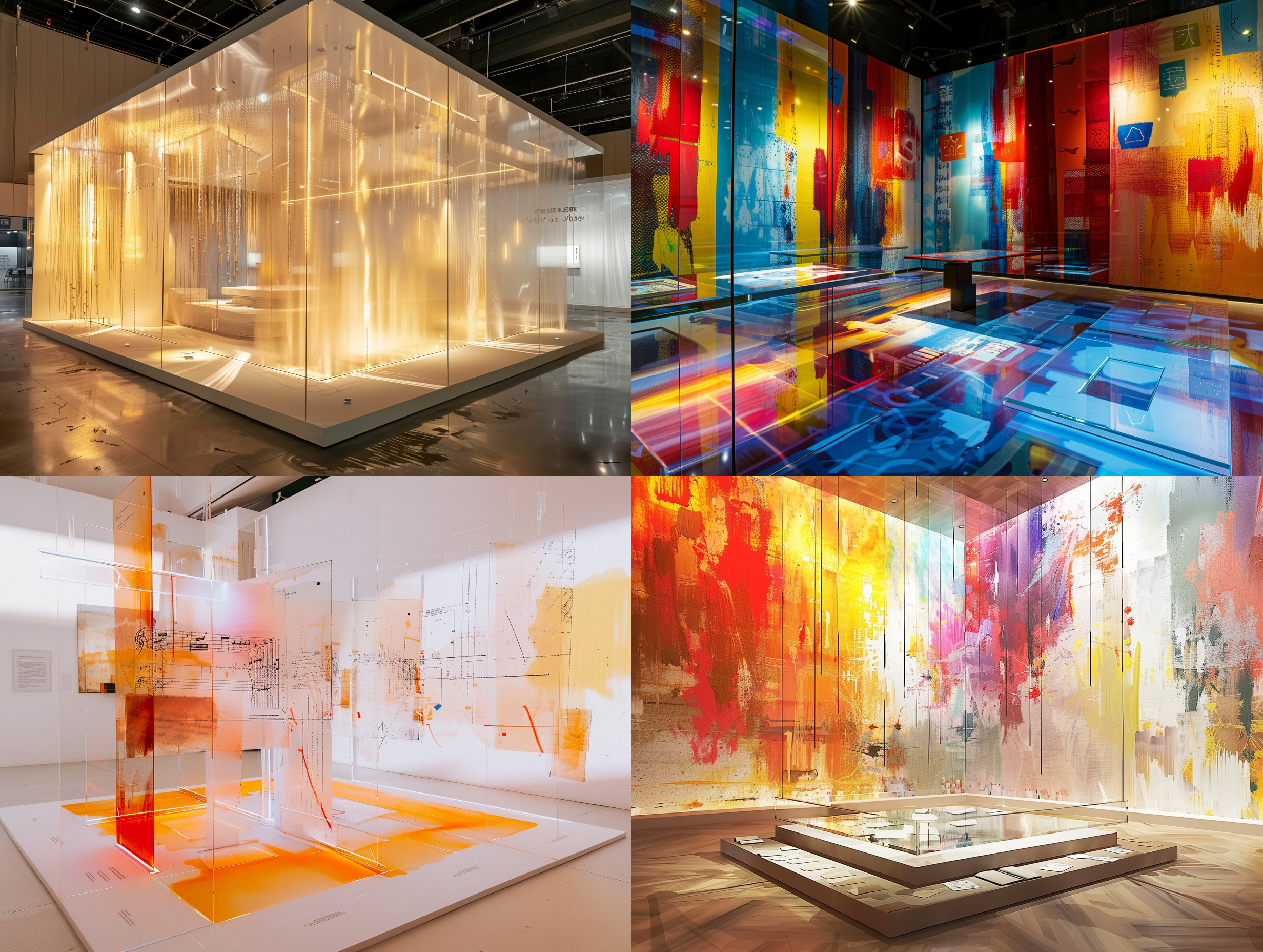 minimalist brushstrokes and beautiful lines, modern art booth, transparent acrylic square bottom plate, acrylic background plate decorated with notes and staff, high-quality, minimalist style, three-dimensional architecture, wide angle, bright lighting, sculptural appearance, warm moranti color tone