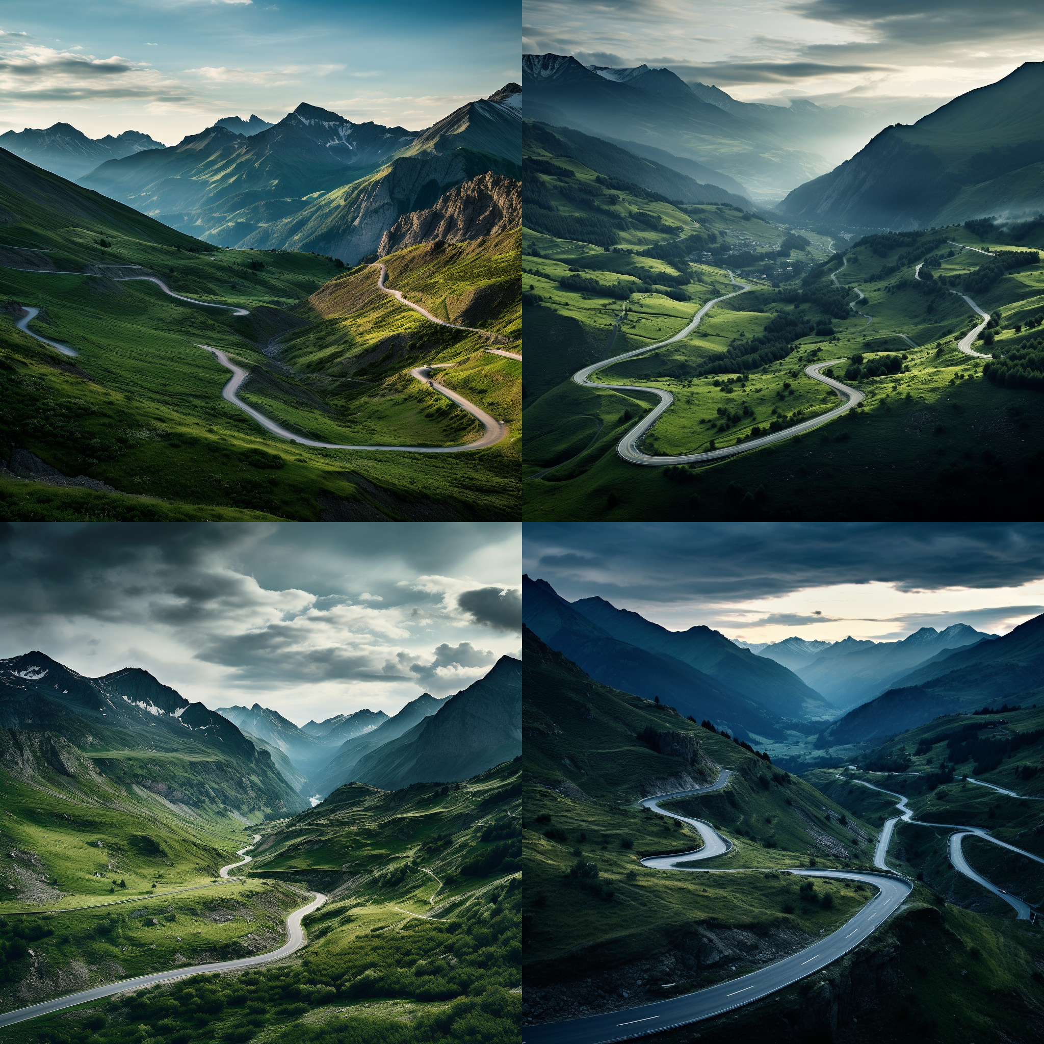 请画系列法国比利牛斯山区著名风景，夏日黄昏时分，盘山公路，险峻，细节丰富，油画，视角独特，印象派，唯美构图，专业摄影，航拍，超广角，景深，特写，色彩厚重明亮，8k，大师作品，保罗·塞尚和彼得·埃尔森，汤姆·汉米克风格