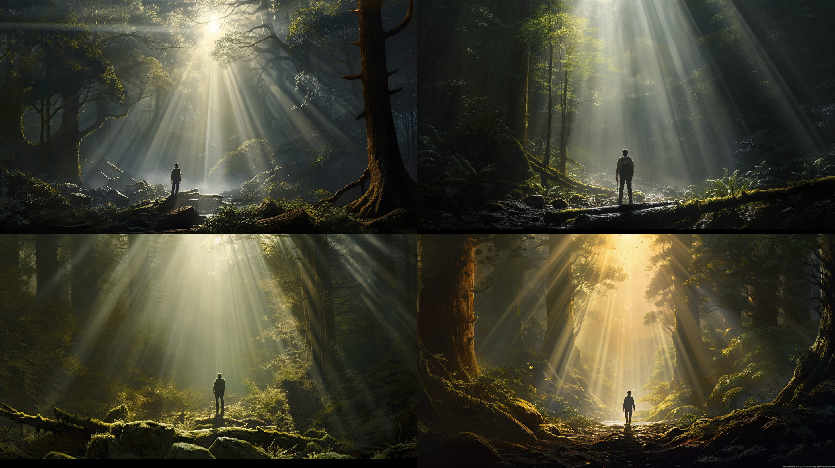 茂密的原始森林，一名男子的背影，以男子为中心居中构图，光影层次丰富，真实的丁达尔光效，非常真实的细节，营造幽静深邃的意境氛围，营造孤寂的意境氛围，全景，大广角，非常真实的摄影