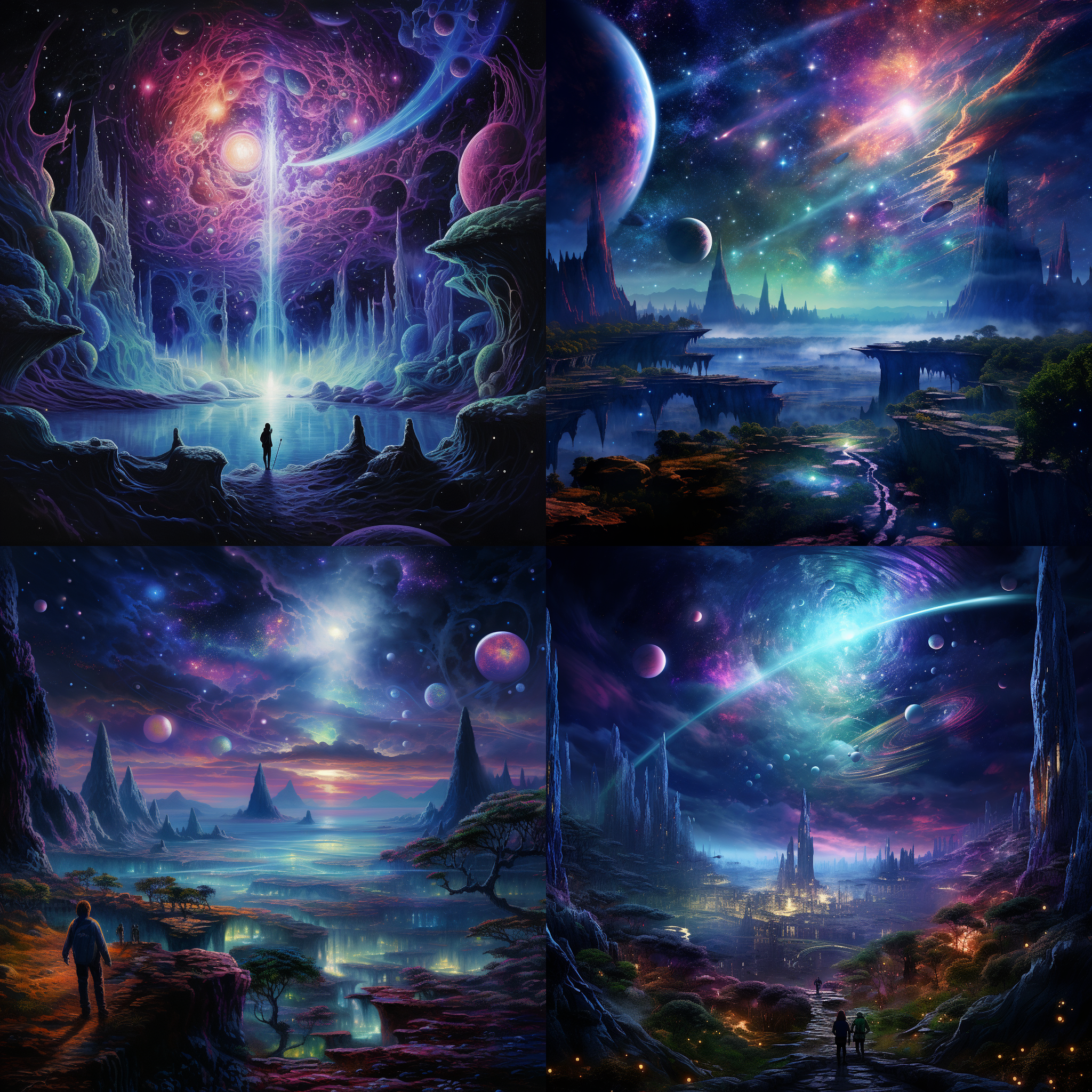 星球表面光谱幻境，梦幻色调，奇异植被，夜晚绽放光芒，宇宙星座镜像，蓝紫粉绿，银河系风景，未来科幻，迷人光影，神秘氛围。