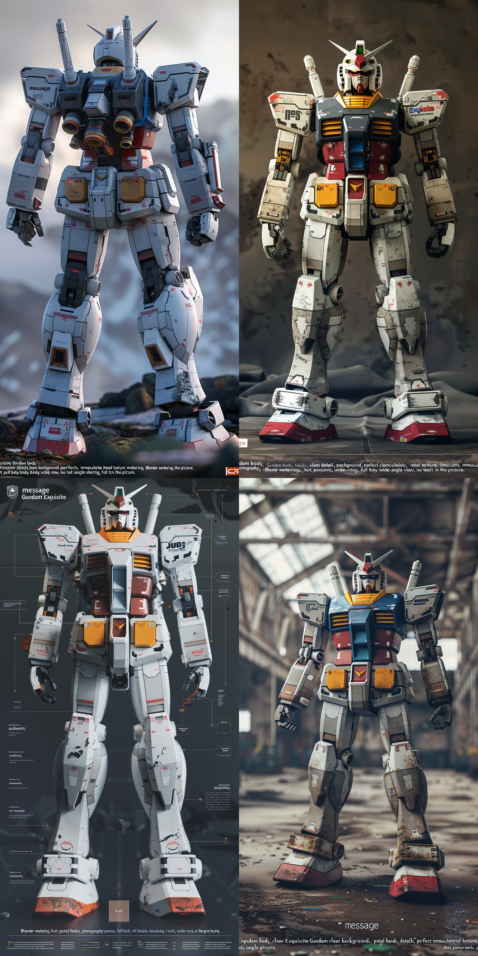精致的高达机体，干净的背景，完美的细节，完美的手，真实的细节，真实的金属质感，真实的摄影，搅拌机渲染，全身像，全景，超广角，画面中没有任何文字