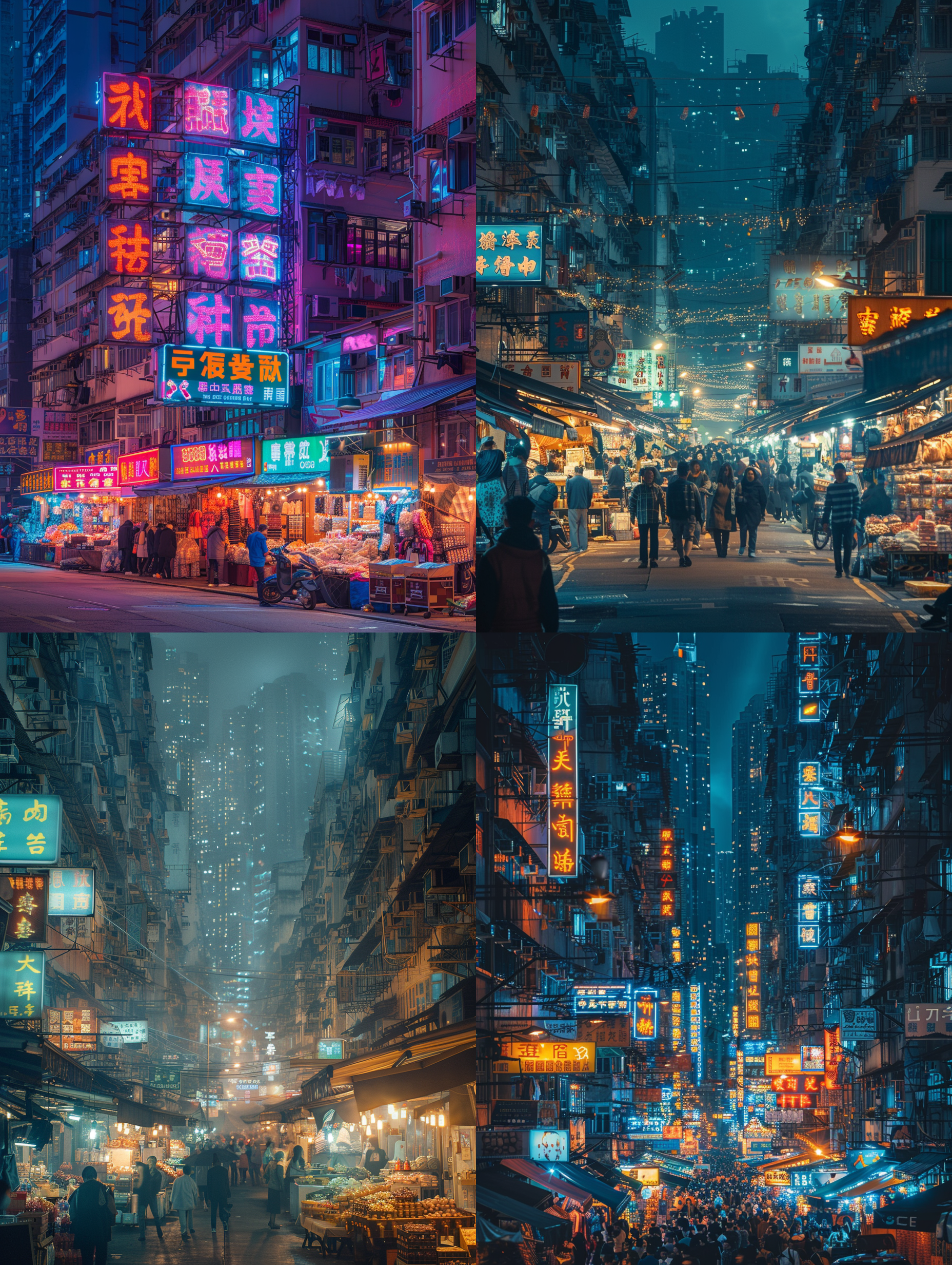 夜晚九龙城寨，灯火通明，行人卖东西，热闹。赛博朋克风格，老旧建筑，常规镜头，平视角度，重点照明，高清8k画质，相机拍摄。