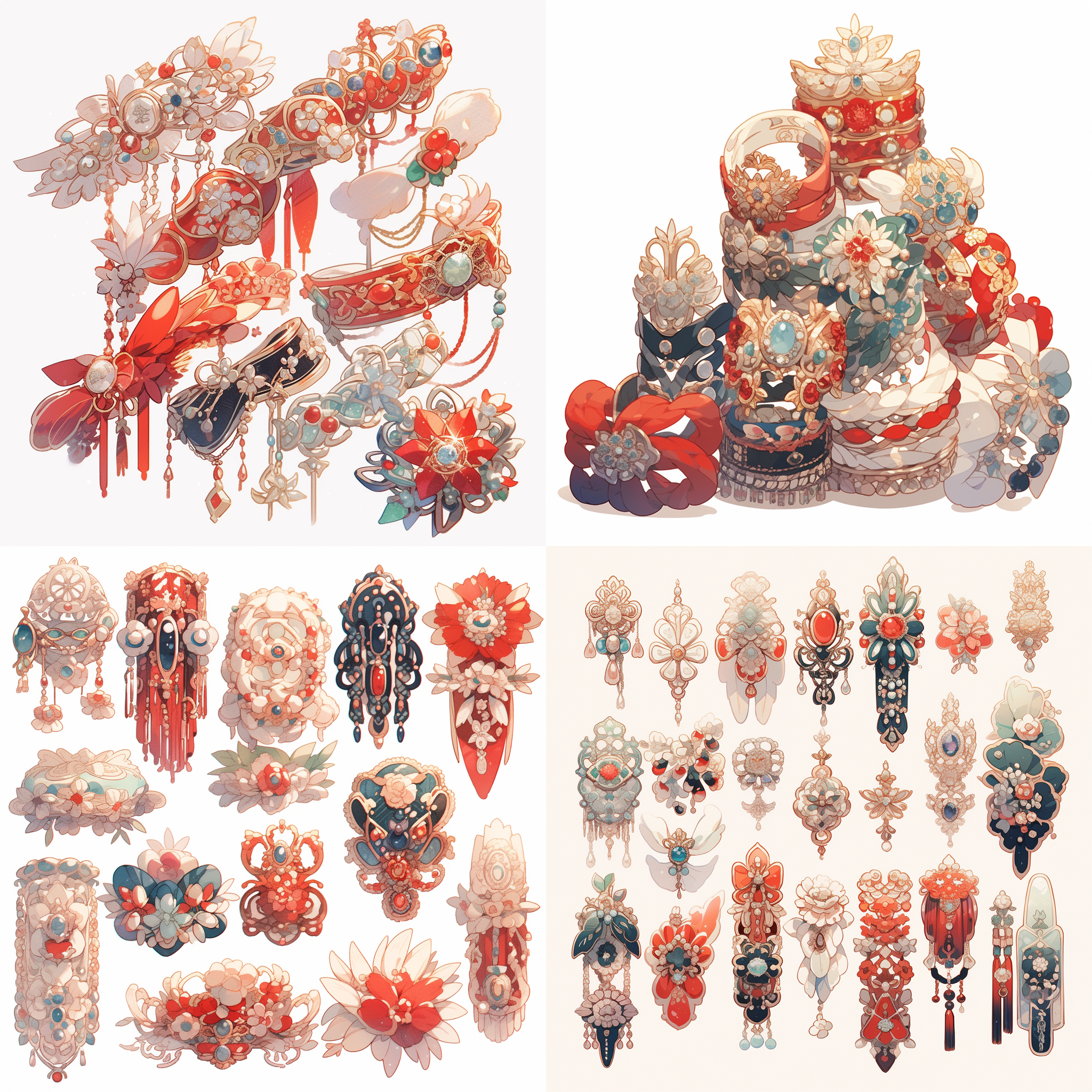 a pile of ancient chinese jewelry,vector image,multiple pieces of exquisite jade and pearl jewelry, gorgeous ancient chinese jewelry, ultra clear details, indigo crimson, white background