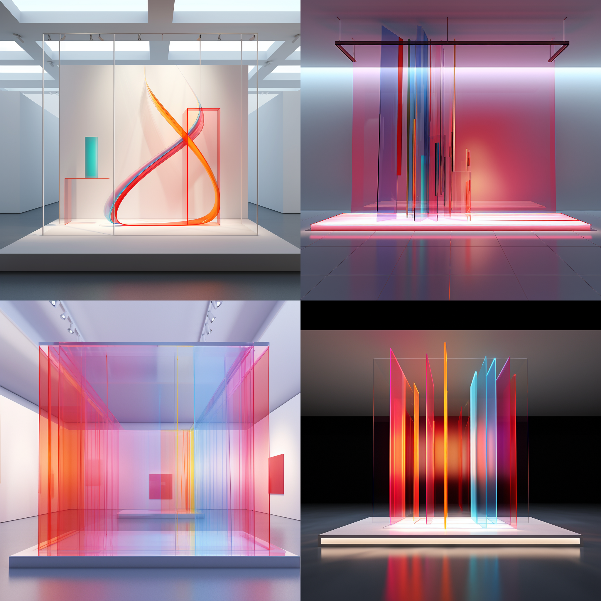 minimalist stroke line artwork background exhibition, modern art booth, transparent acrylic square bottom plate, acrylic background plate with notes and staff, high-quality, minimalist style, three-dimensional architecture, wide angle, bright lighting, sculptural appearance, warm moranti color tone,