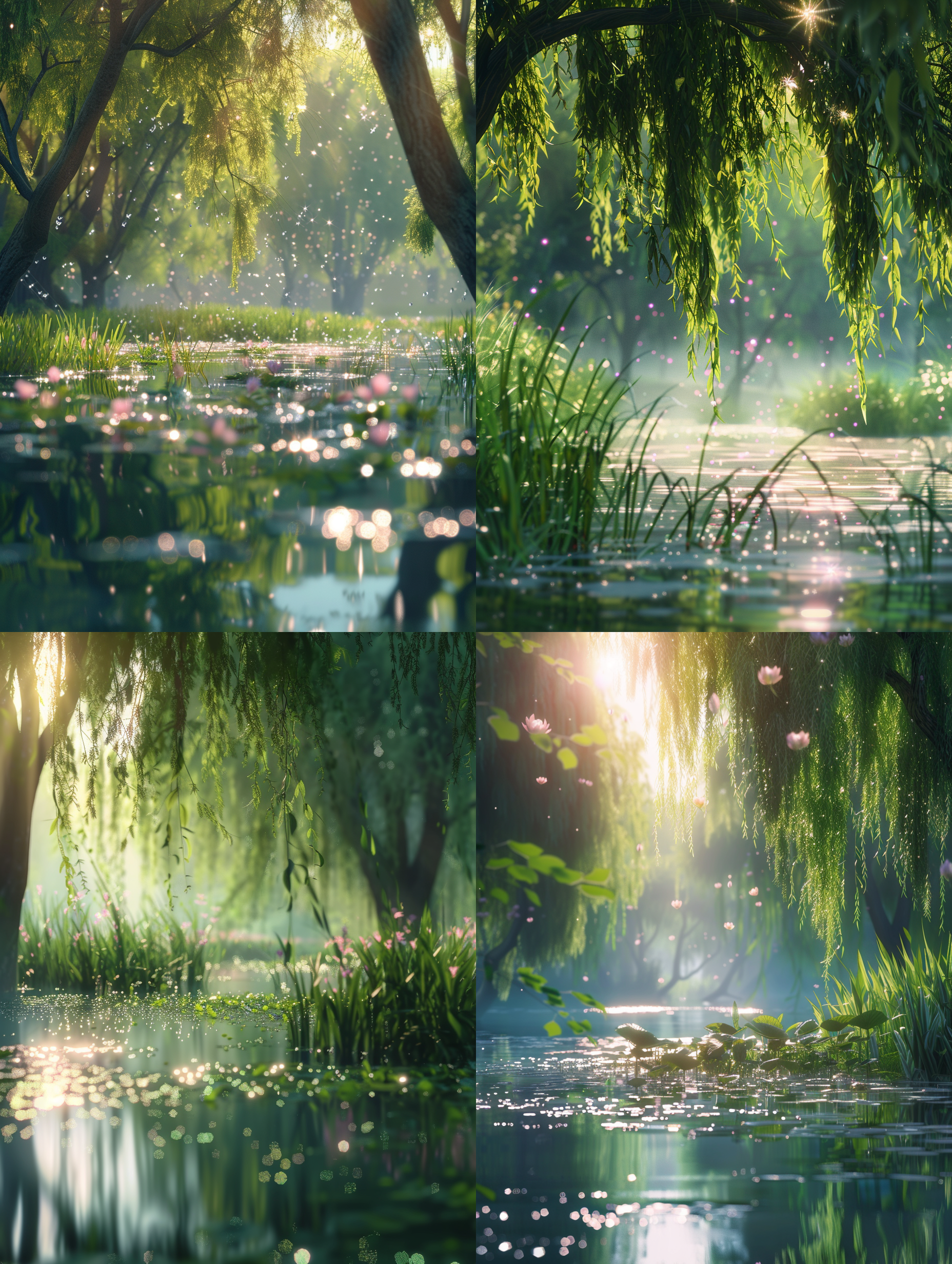 宁静小溪，波光粼粼，风吹扶柳，极高分辨率，自然光，细节丰富，清新色调，静态，和谐，立夏，天空。