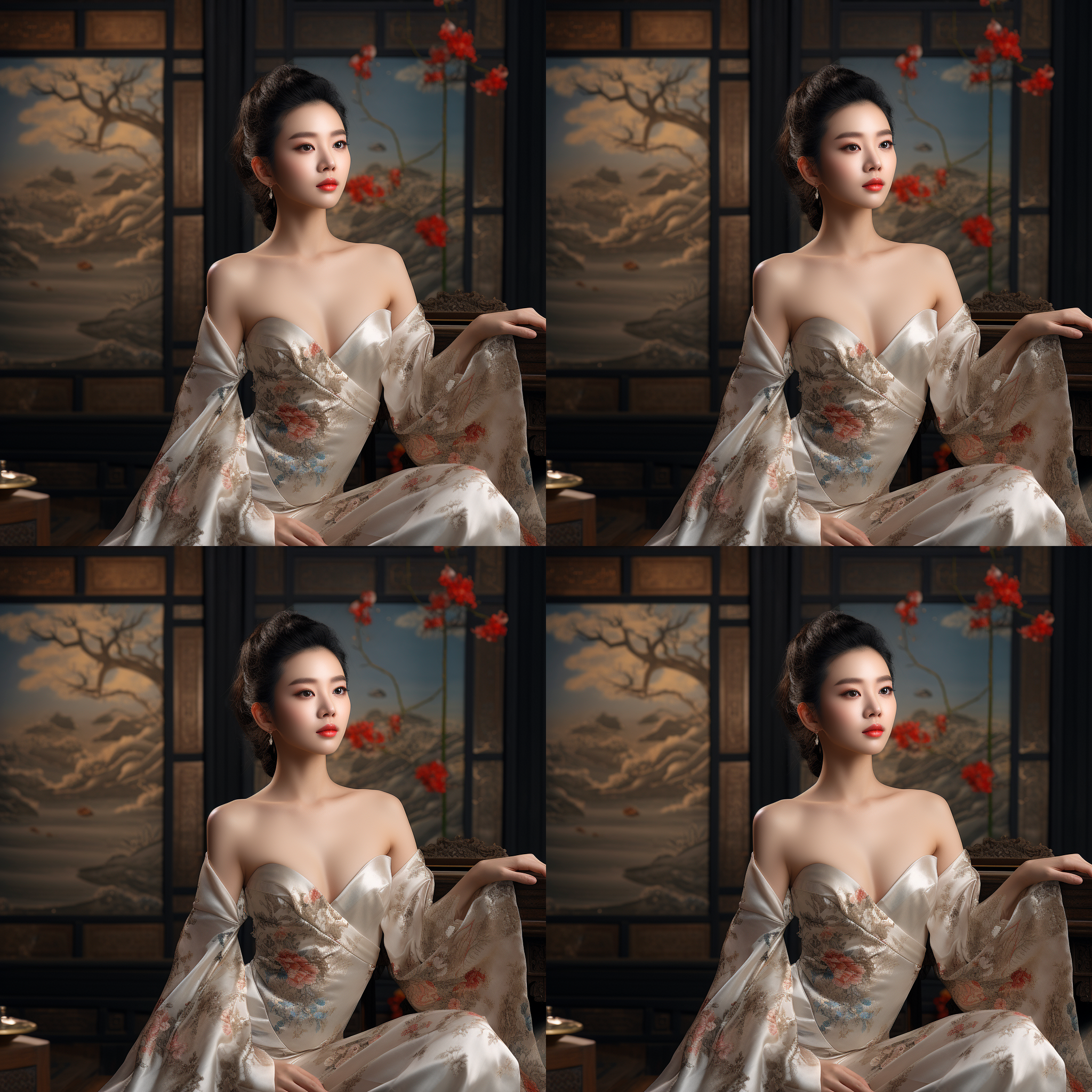 优雅的中式模特在室内摄影写真中展现出丰满的身材和漂亮的脸部细节。照片采用超清渲染技术，呈现出细腻的肌肤质感和精致的服饰。构图上采用全身镜头，突出模特的优雅姿态。整体色调温暖柔和，配合室内灯光的照射，增添了一丝神秘感。