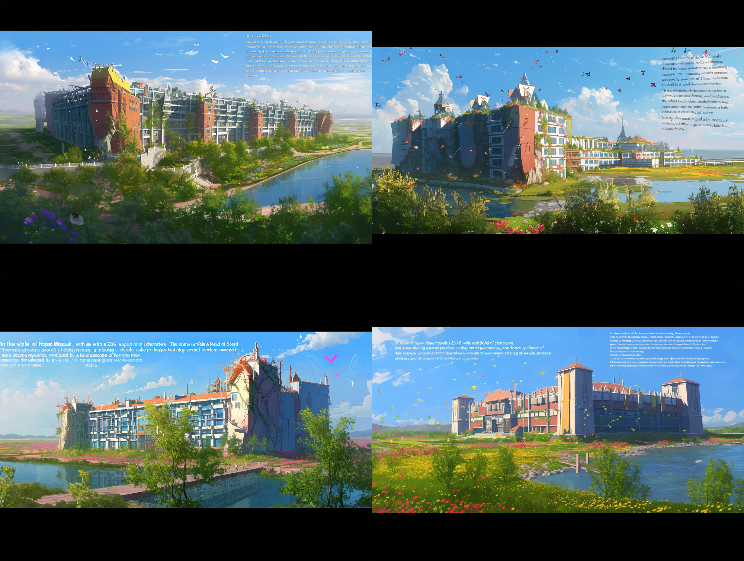 宫崎骏风格，23:16长宽比，无人物。画面以细腻的线条勾勒出一个奇幻的场景：一座巍峨的城堡矗立在葱绿的山脉之上，城堡周围环绕着缤纷的花朵和翩翩起舞的蝴蝶。整个画面充满了童话般的色彩和温暖的阳光。