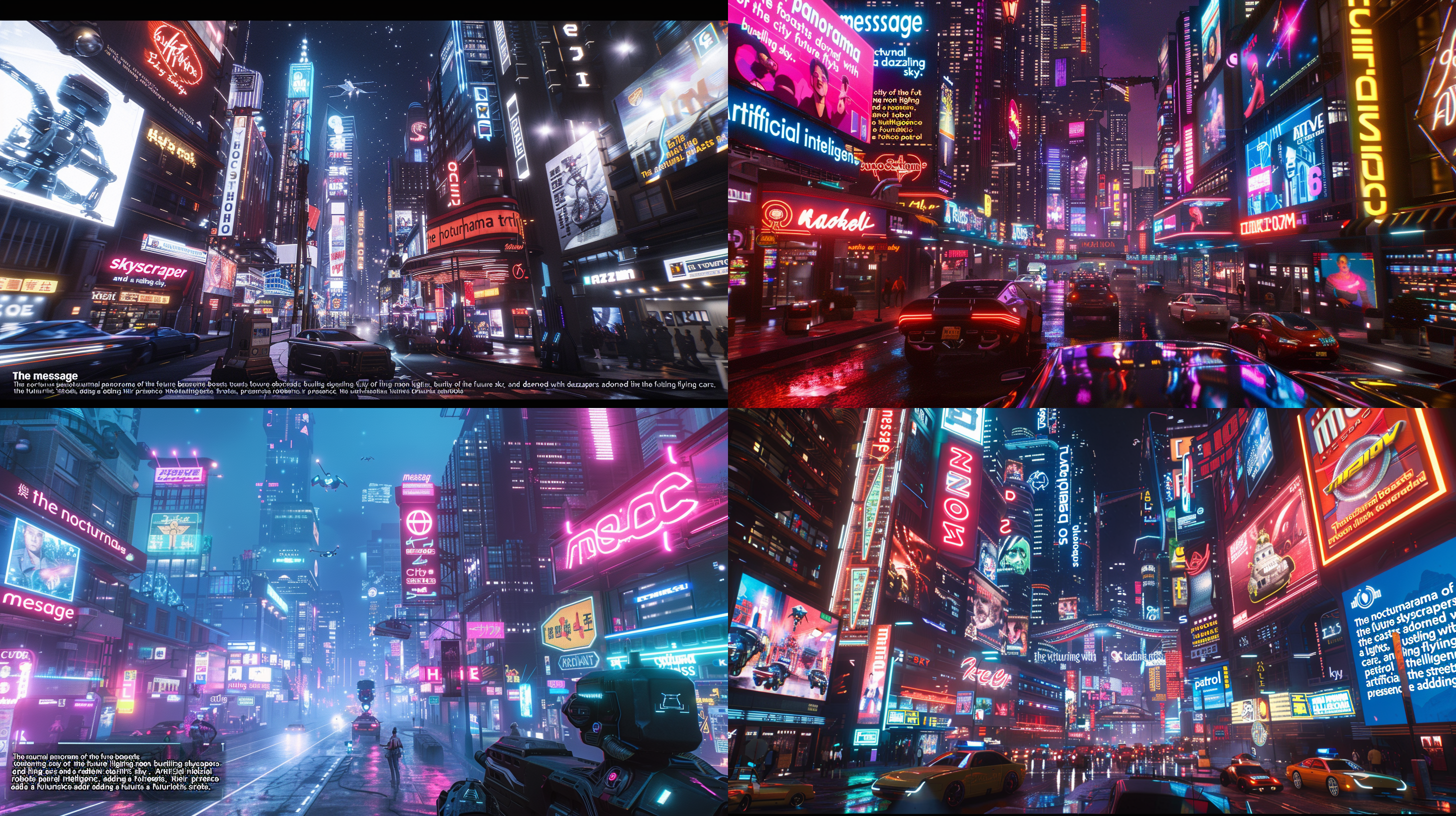 未来城市夜晚景观，巨大摩天大楼，璀璨霓虹，繁忙的飞行汽车，璀璨星空，人工智能机器人巡逻，透视深度，高动态范围，柔和色调，广角镜头，现代感。