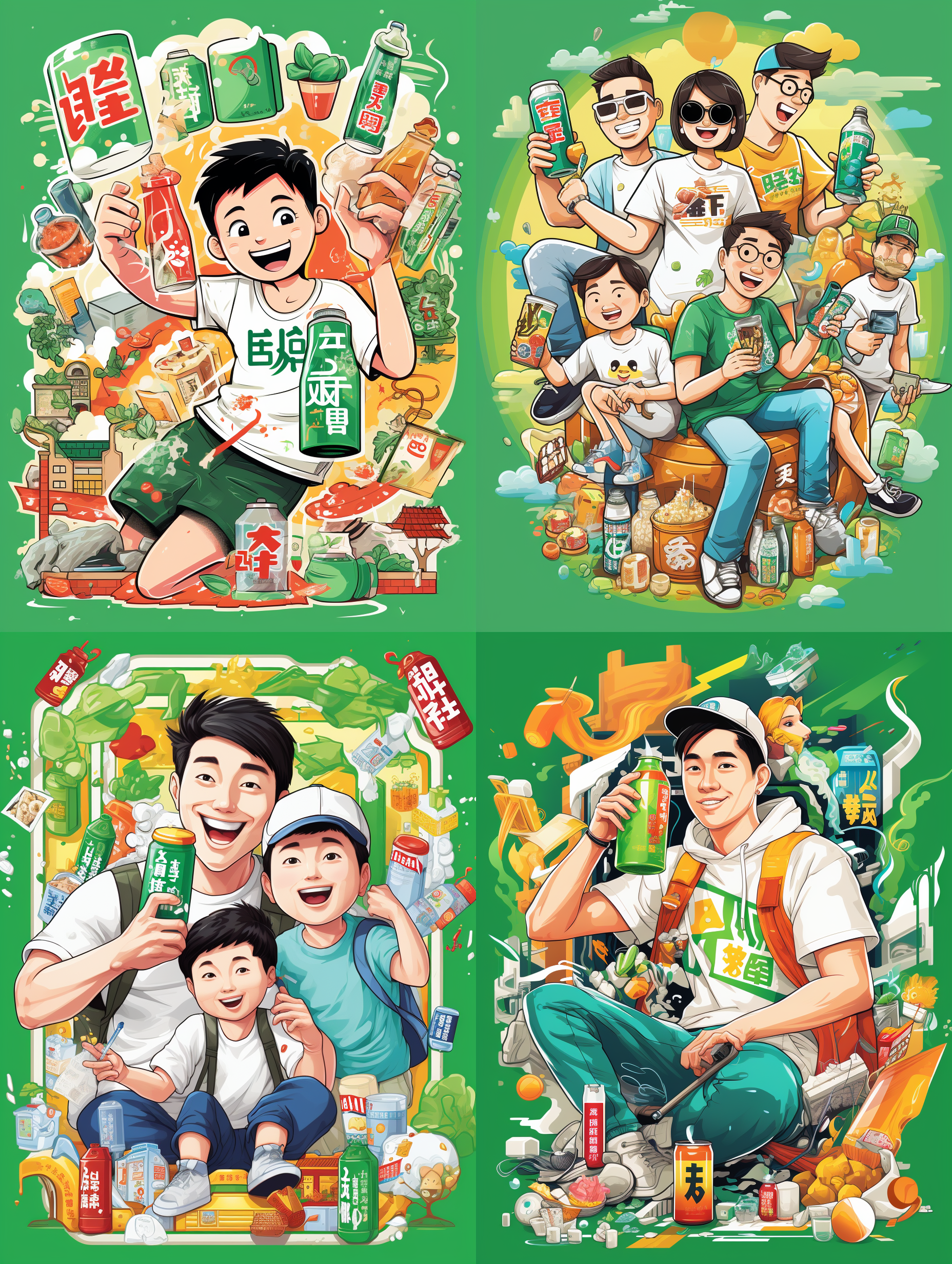 ad牌牛奶饮料的广告海报，有卡带和粤式广场等怀旧元素，还有卡通人物抱着儿子。背景上充满了不同时期的各种文化符号。色彩丰富的插图，奢华风格。亚洲男子穿着t恤、牛仔裤和运动服，手持瓶子。颜色有绿色、白色和黄色。广告风格让人联想到媒体集群。活力四溢，开放心态。高分职位。基于“放大”的概念。温暖的色调，复古风格，立体感强，长焦镜头，明亮光线，笑容灿烂，自信。 海报风格