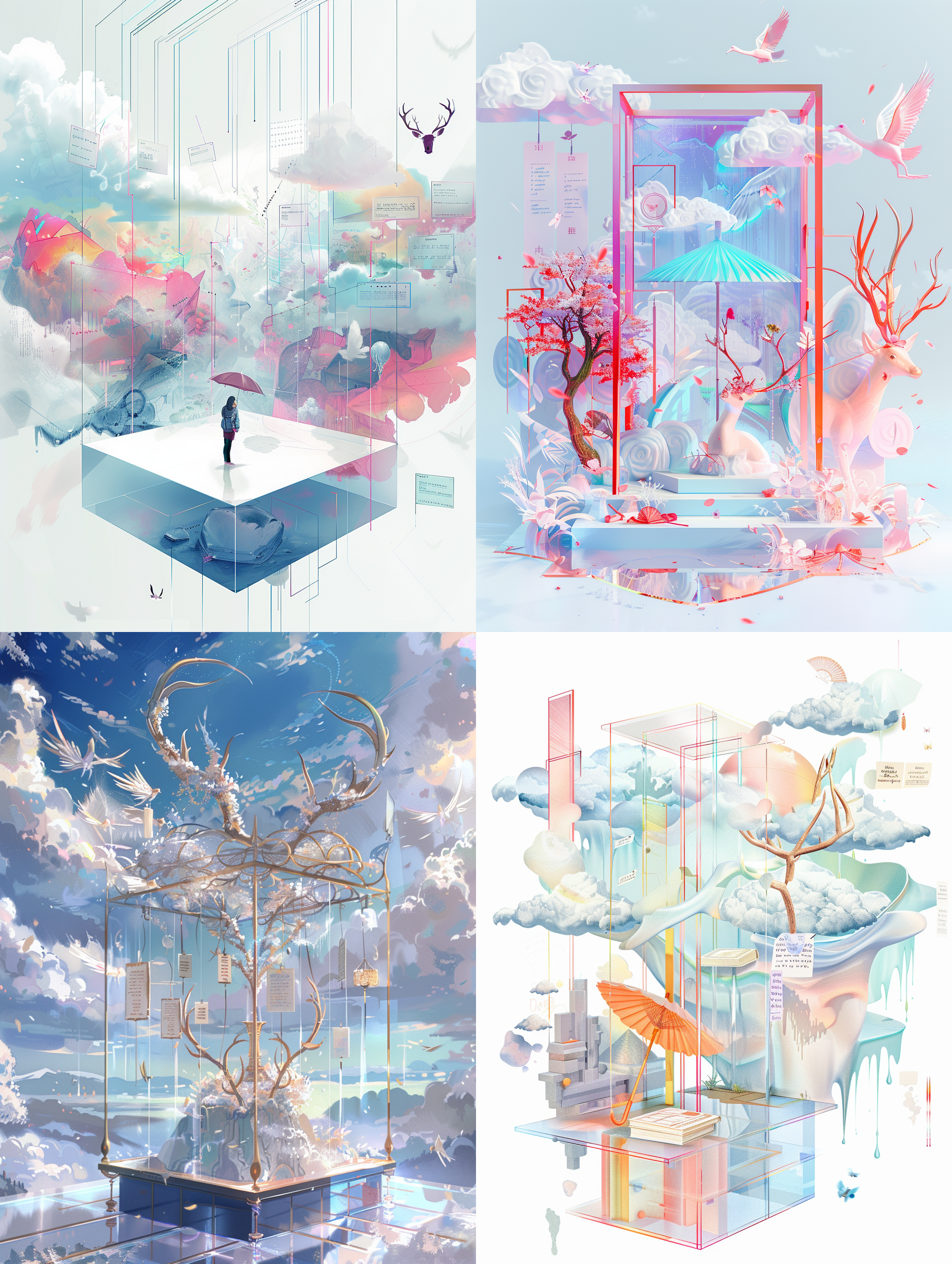 a square shaped acrylic base panel with a transparent irregular acrylic background, decorated with notes, featuring a simple stroke style umbrella, clouds, deer antlers, dialogue boxes, wings, minimalist style, high-end modal color, and a display platform in the middle with a white background，the technical style includes perspective composition, clear details, metallic style, and technical effects
