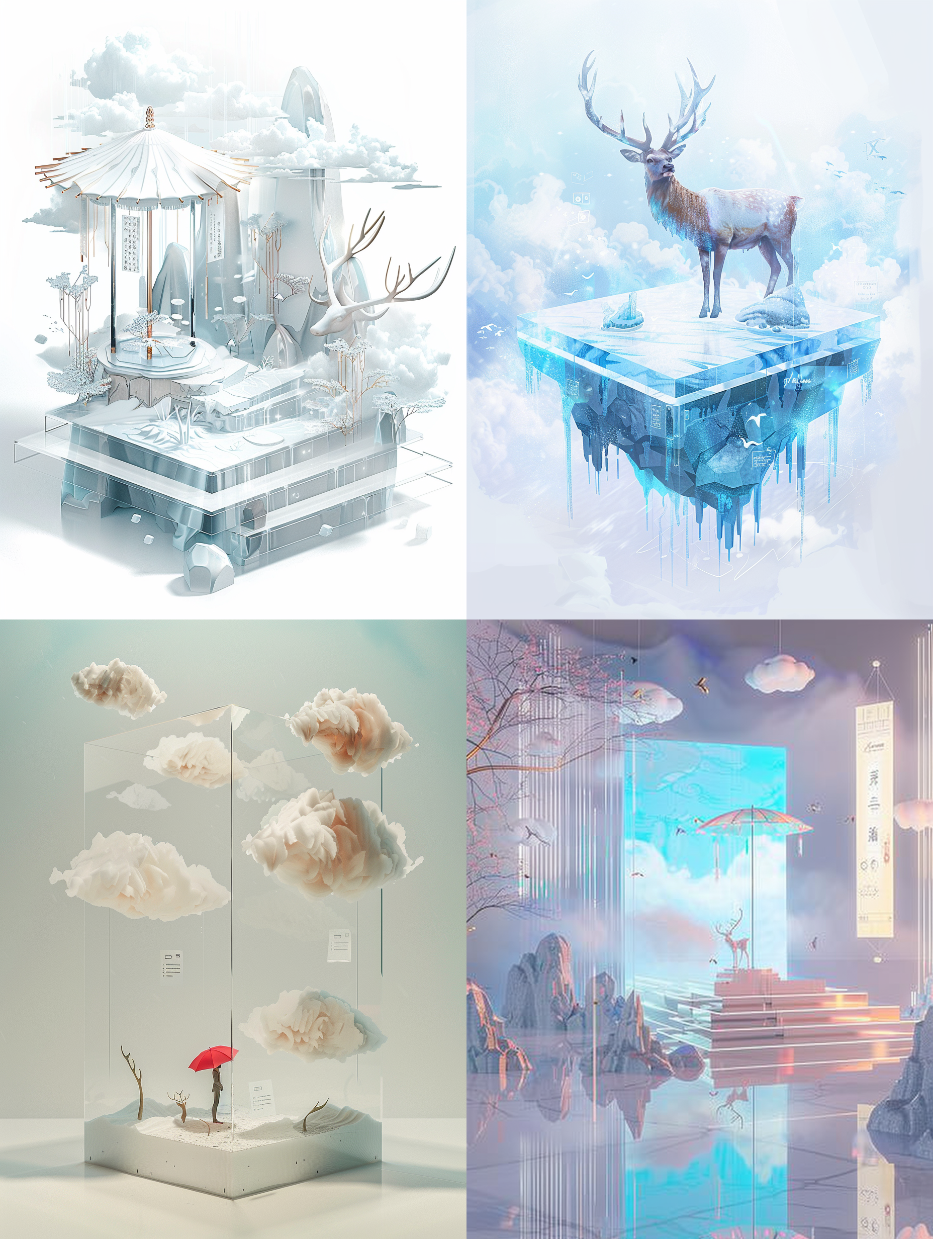 a square shaped acrylic base panel with a transparent irregular acrylic background, decorated with notes, featuring a simple stroke style umbrella, clouds, deer antlers, dialogue boxes, wings, minimalist style, high-end modal color, and a display platform in the middle with a white background，the technical style includes perspective composition, clear details, metallic style, and technical effects