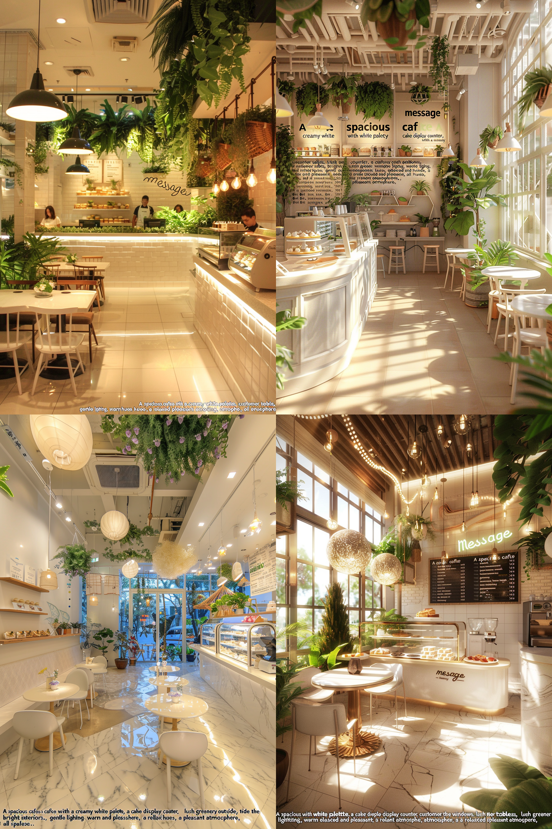 宽敞咖啡店，奶白色调，收银台，蛋糕展示台，客户餐桌，窗外绿植，环境明亮，室内广角，柔和光线，温暖色调，轻松愉悦，自然。