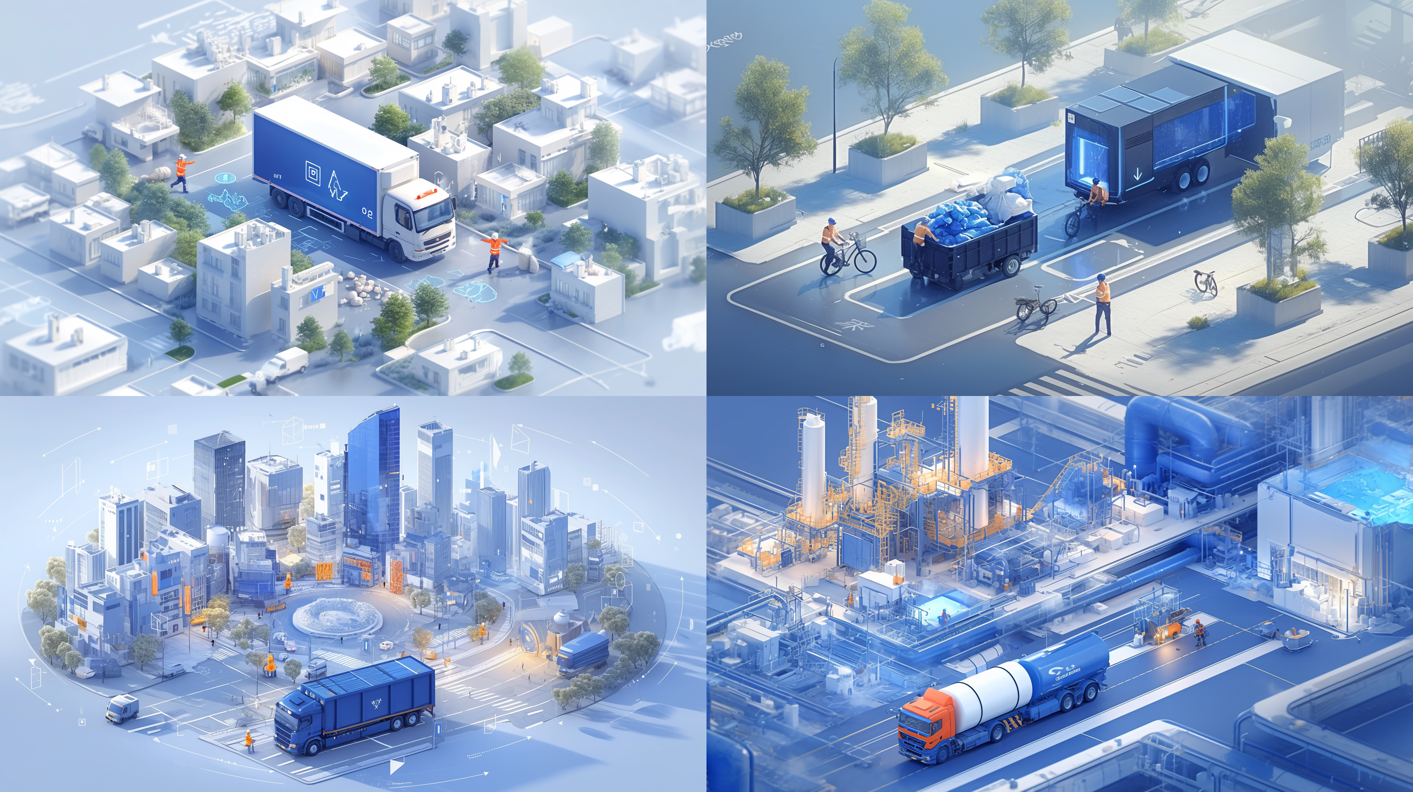 超级cbd景观，垃圾清运车行驶，半透明垃圾处理厂，搬运工搬运垃圾，现代化居民楼下，工作室灯光，c4d风格，blender软件，octane渲染，高细节16k分辨率，现代都市，静谧感，干净配色，蓝色发光玻璃点缀，四周留白，鸟瞰视觉。