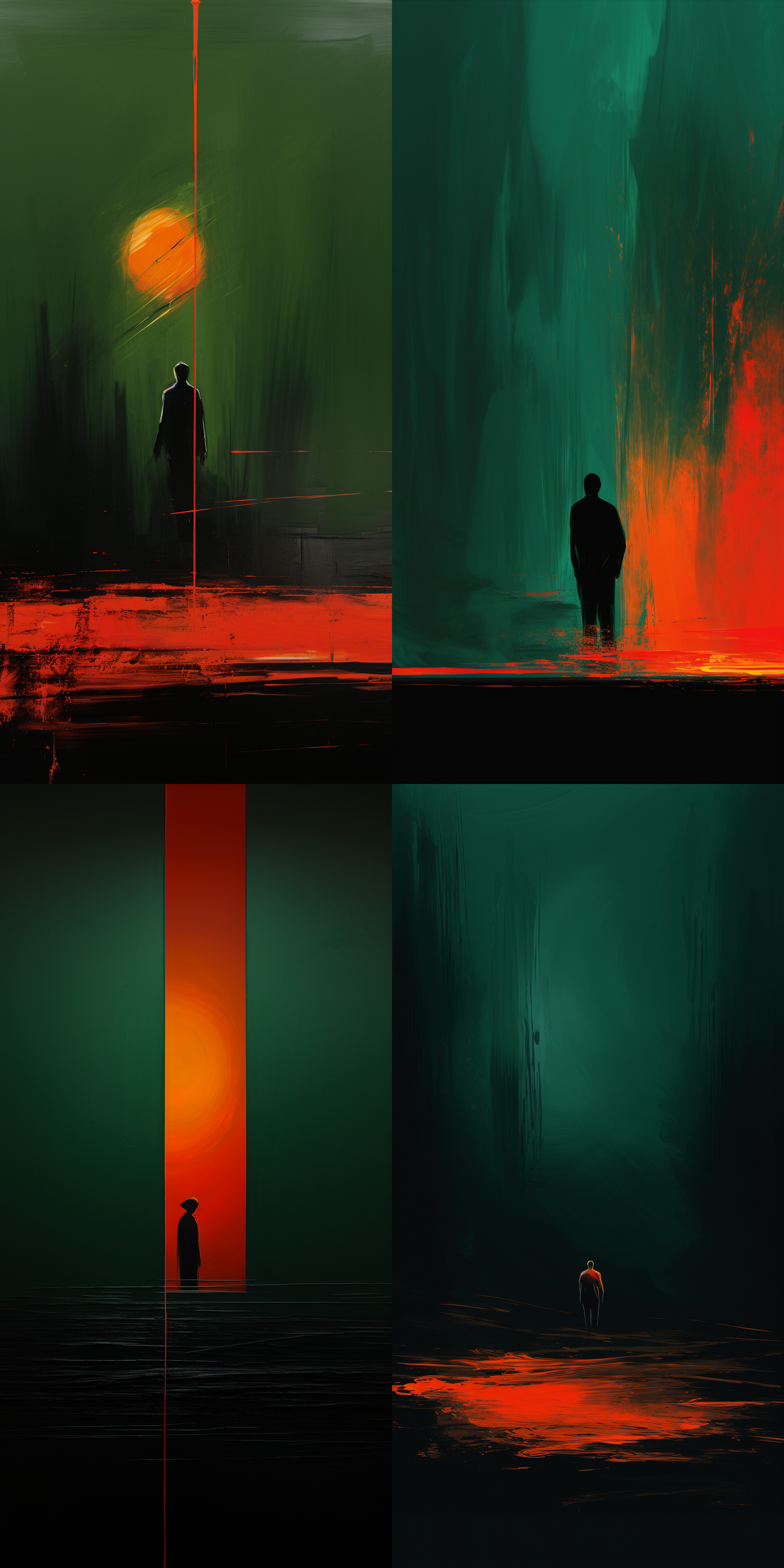 a dark green background with an orange brushstroke in the lower right corner, creating a minimalist composition. the overall color scheme is dark and moody, with subtle hints of red or black adding depth to the scene. in the foreground, there's a blurred figure that appears almost abstract against the solid backdrop. this creates a sense of mystery and intrigue within the minimalistic space. in the style of paul klee, 2d flat style, simple design, vector art.