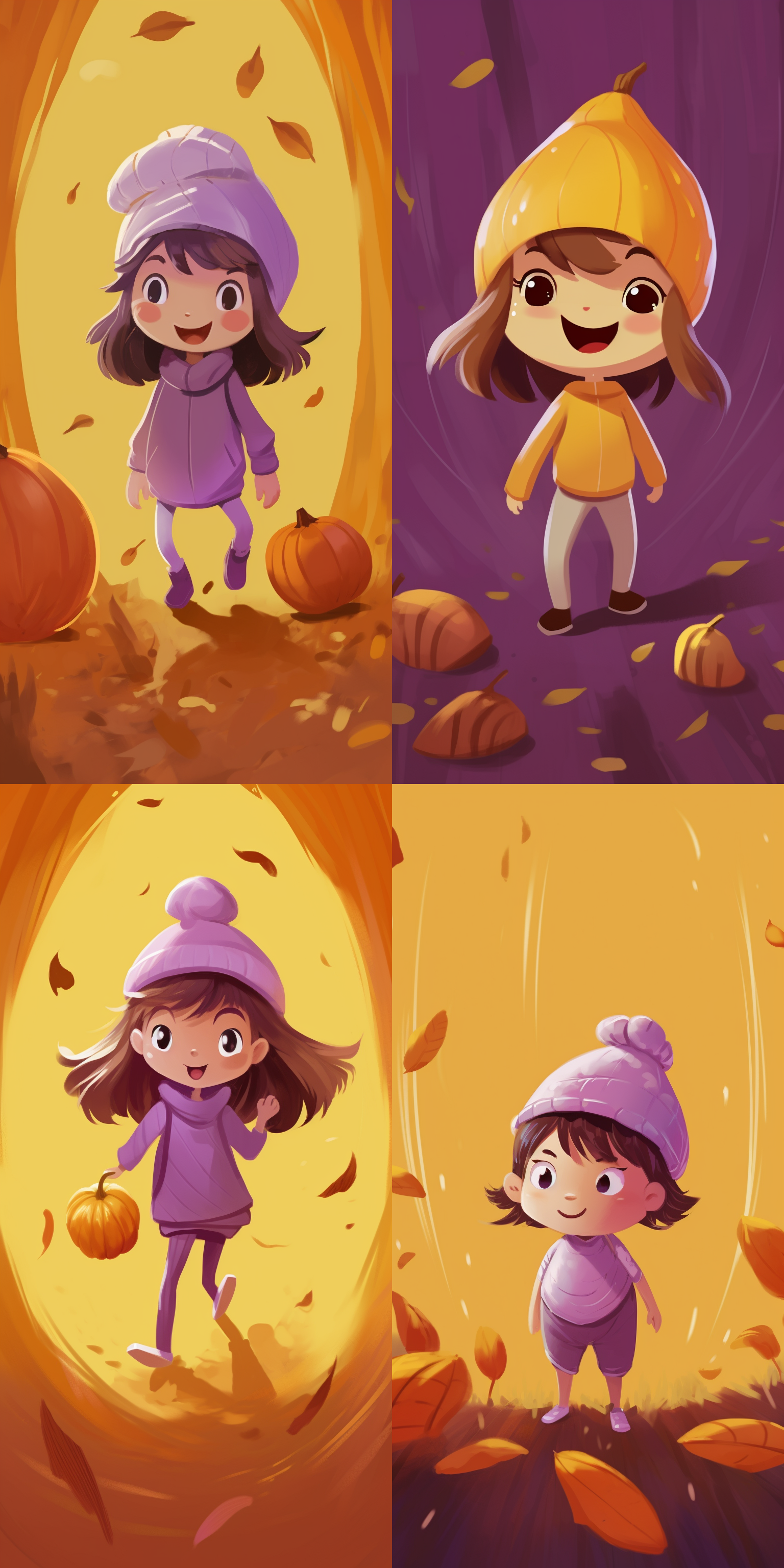 一只可爱的卡通小女孩和她的小狗在橘色的秋天森林里探险，背景是一片金黄色的树叶。皮克斯风格，卡通人物，温暖色调，森林环境，广角镜头，自然光，冒险，快乐。