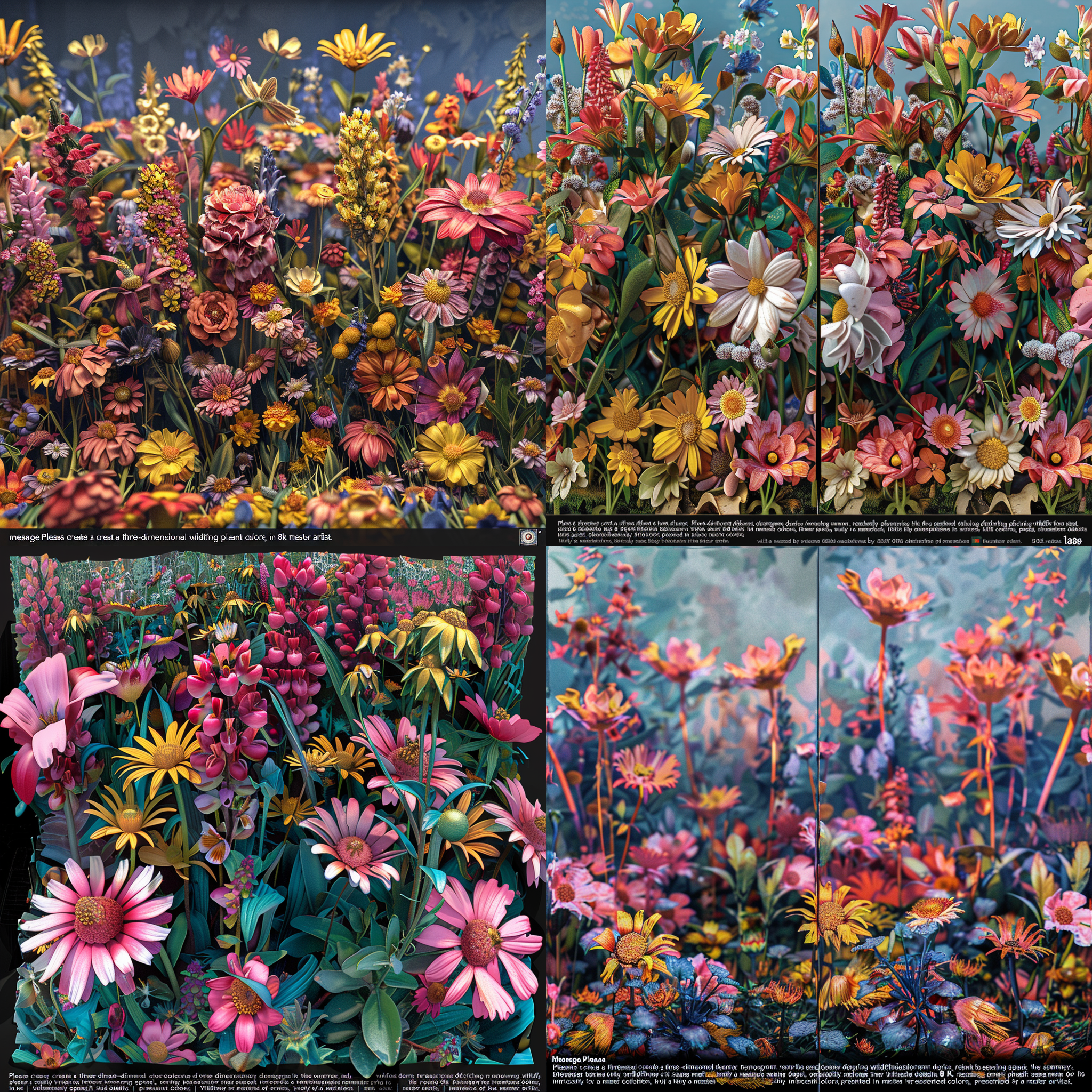 请画一幅三维立体图，夏日的野花，美学观赏度高，细节，色彩明亮，8k，大师级作品