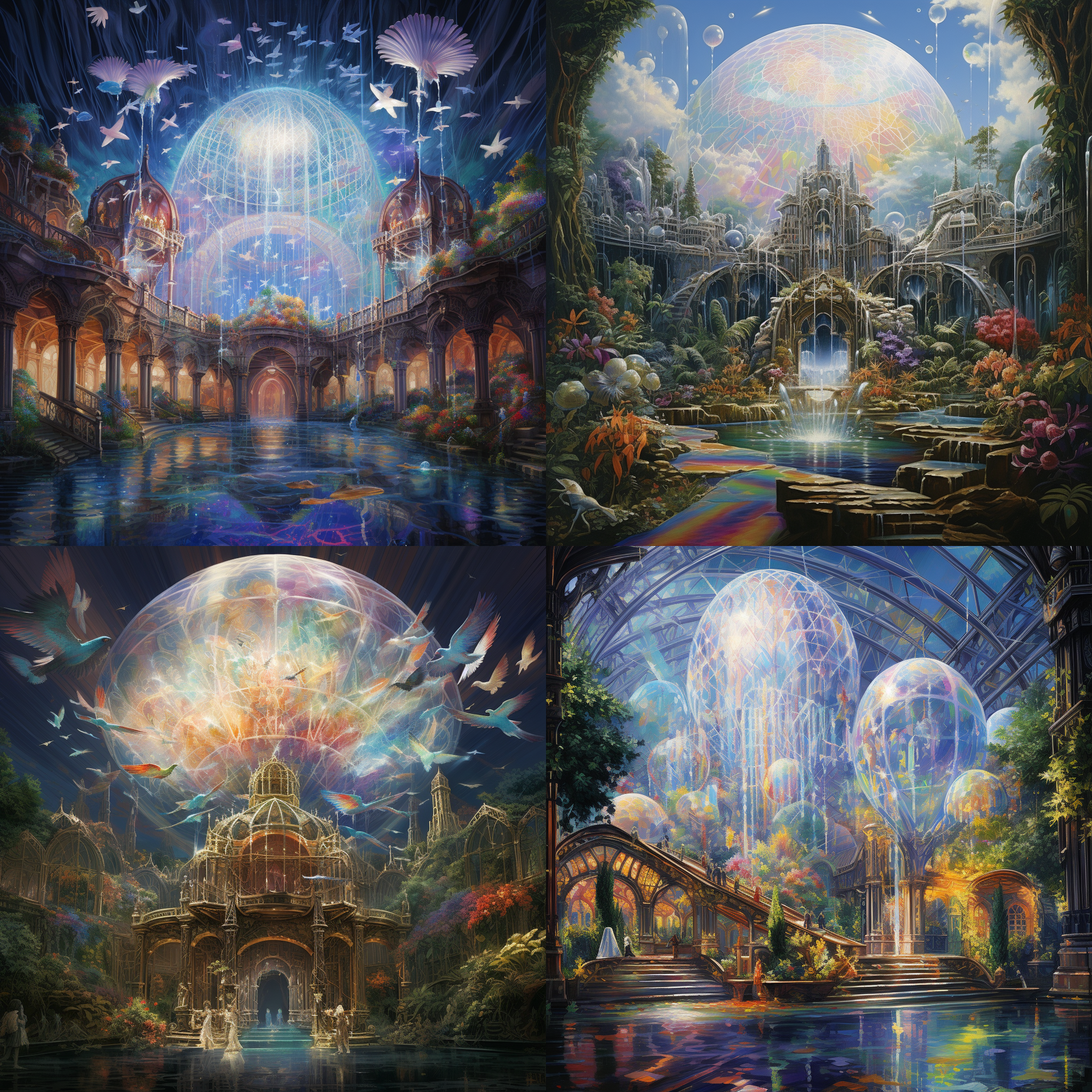 水晶宫殿悬浮，流动光线，彩虹折射，智能水晶，情绪感应，变化环境，生态球漂浮，自给自足世界，金属光泽飞鸟，编织梦境微生物，奇幻色彩，灵动氛围。