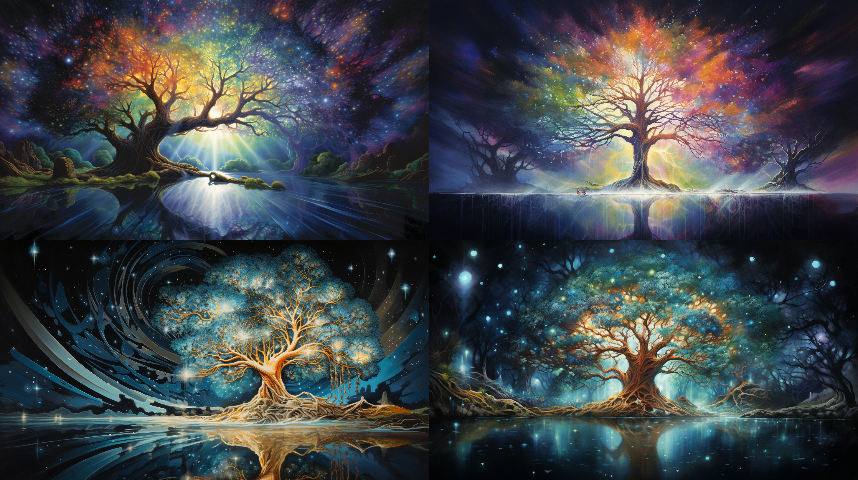 智慧之树映河流，对角线布局，透视感，银色流光，未来倒影，宇宙景象，水晶叶片，迷离光影，神秘色调，超广角，柔和侧光，幻想动作，希望，探索。