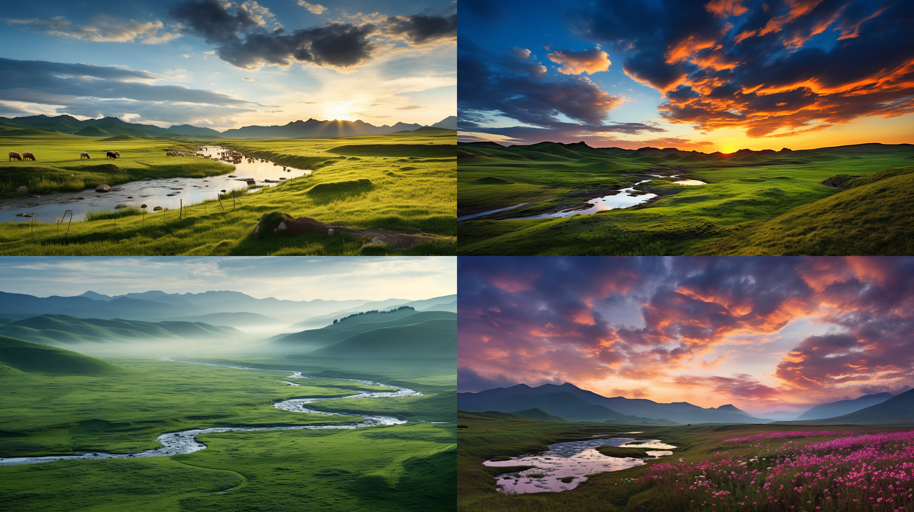 请画系列中国呼伦贝尔大草原夏日黄昏时分风情，艺术构图，细节丰富，油画，视角独特，印象派，唯美构图，专业摄影，航拍，超广角，景深，特写，色彩厚重明亮，8k，大师作品，保罗·塞尚和彼得·埃尔森，汤姆·汉米克风格