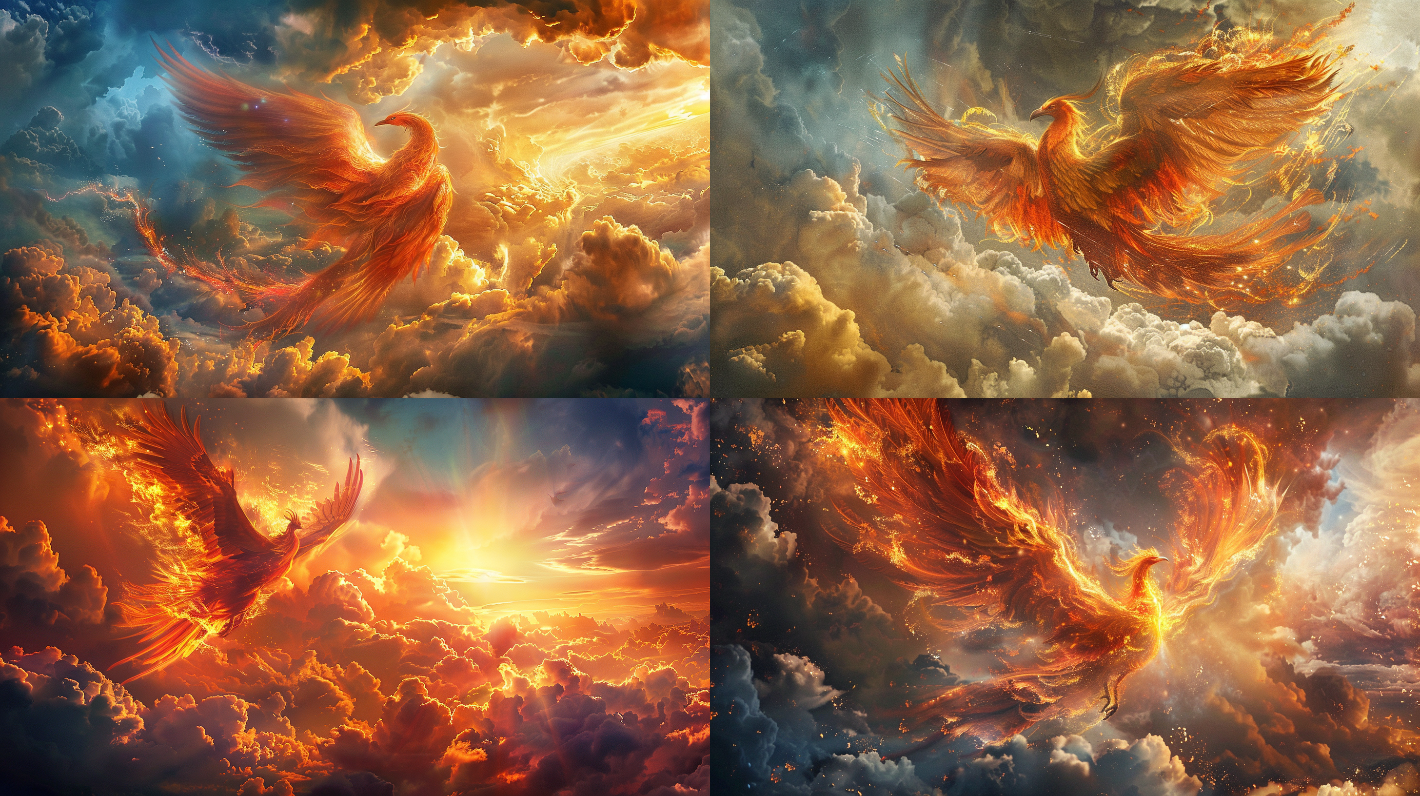 华丽的凤凰在云端飞舞，完美的细节，丰富的细节，真实的细节，全景，广角镜头，真实的摄影，照片，画面中没有任何文字 凤凰在云端飞舞，华丽绚丽，丰富层次，全景视野，广角镜头，真实摄影，无文字干扰，细腻细节，明亮色彩，神秘气氛